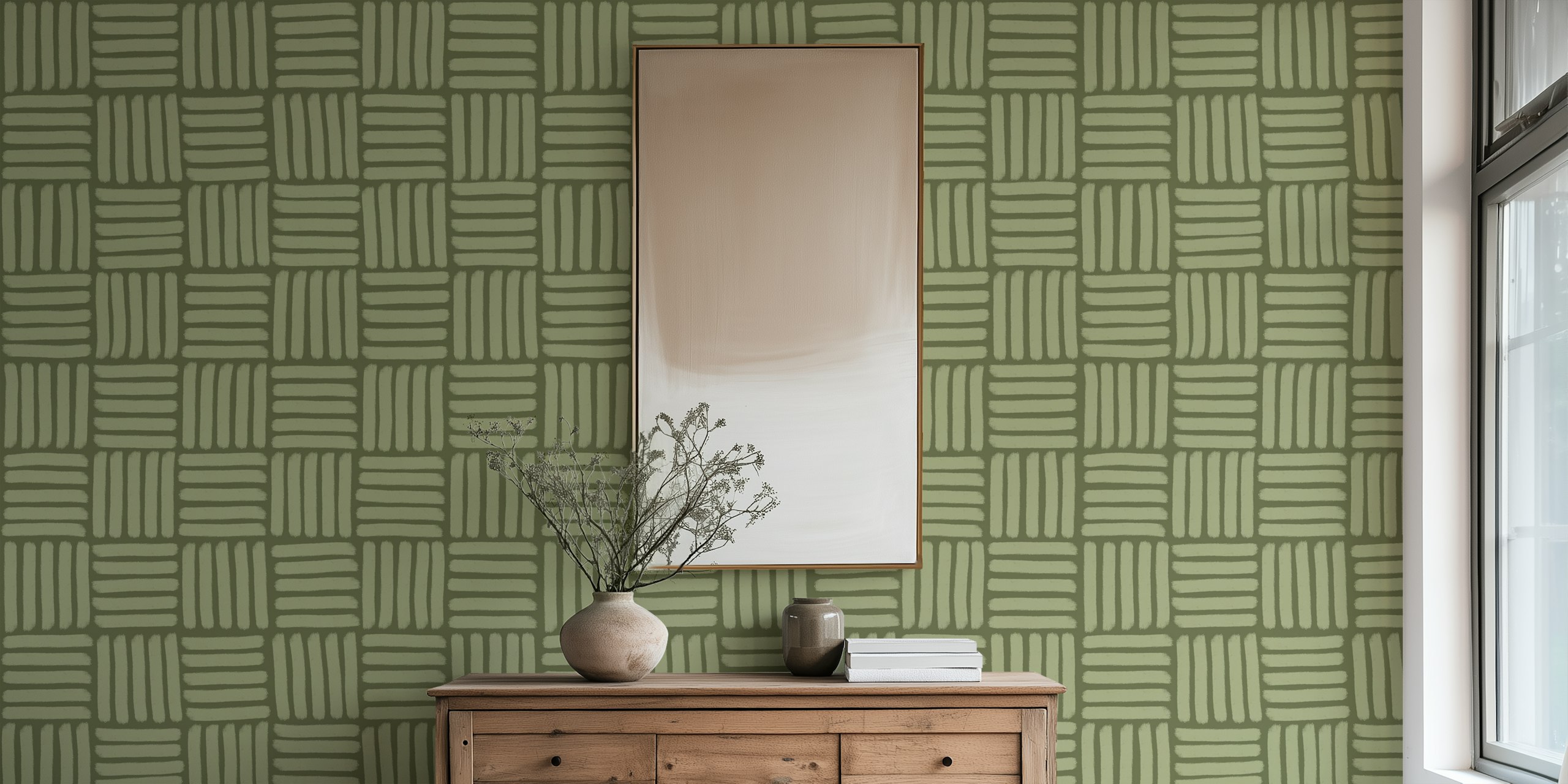 Basketweave pattern in light green and moss green wallpaper