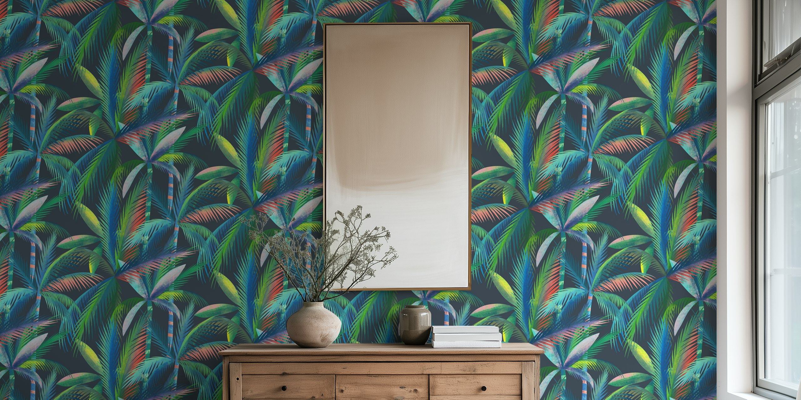 Lush jungle palm trees wallpaper in a room