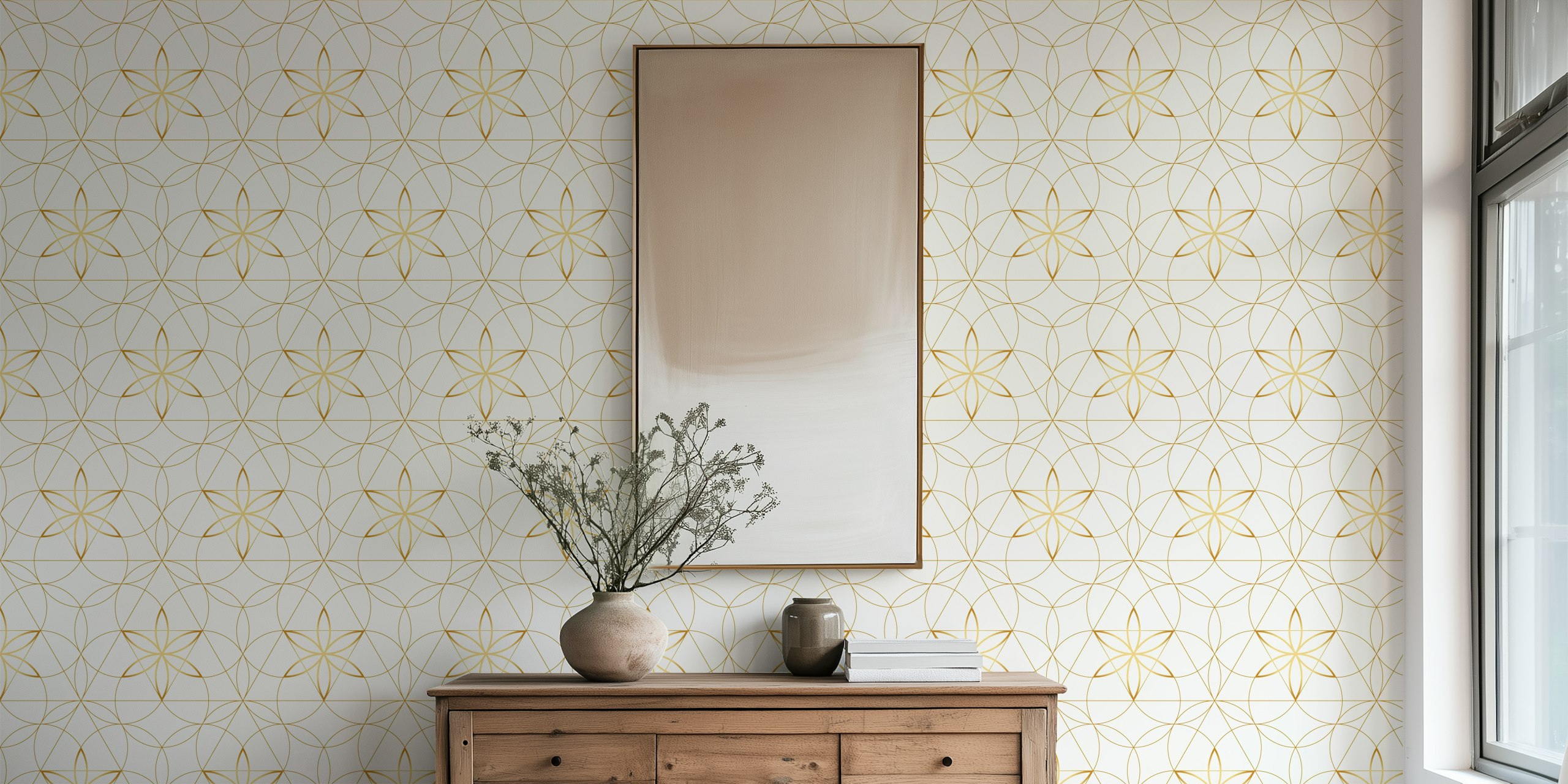 Gold geometric floral wallpaper in a room