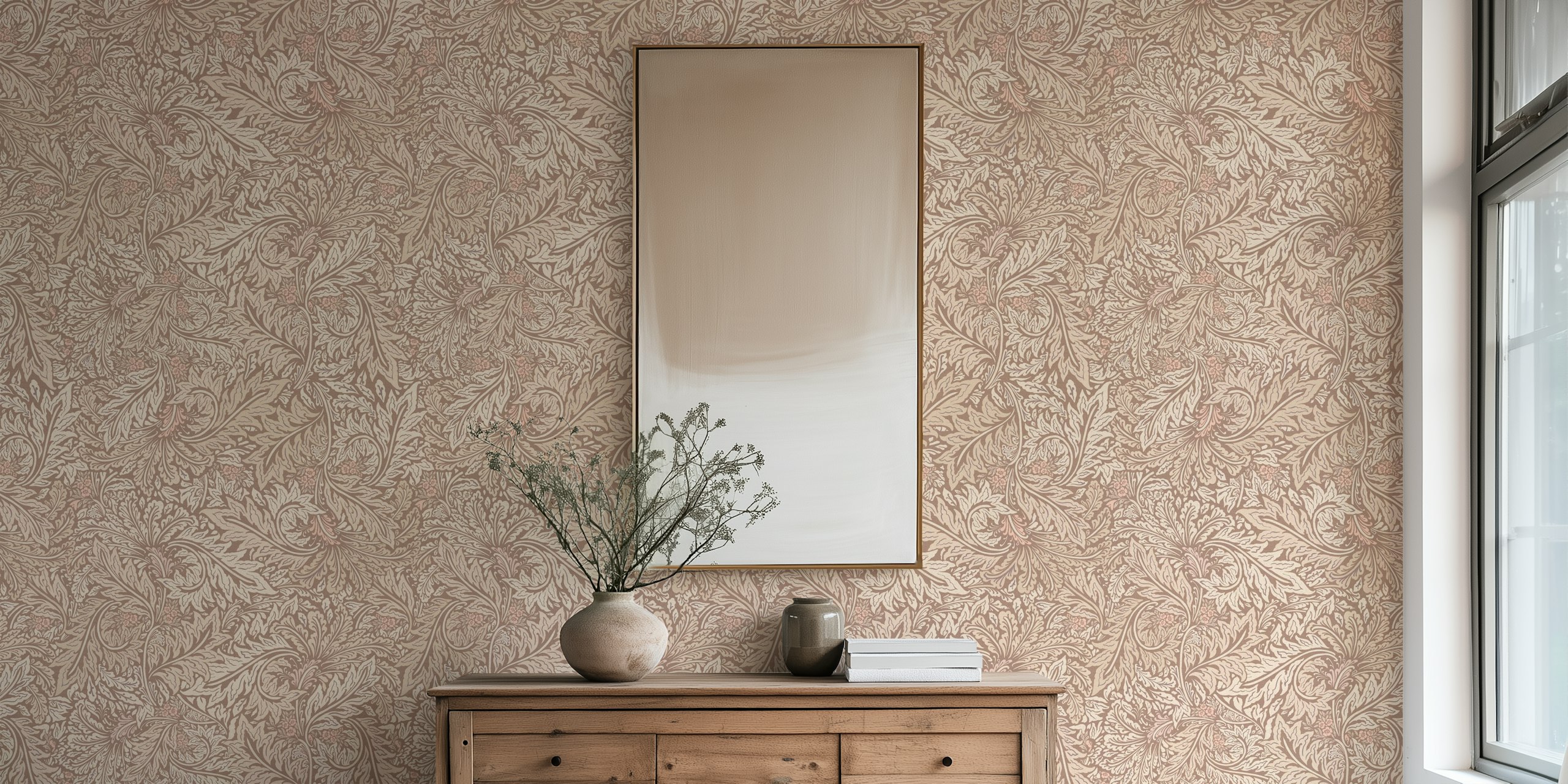 Intricate beige floral pattern with larkspur foliage wallpaper