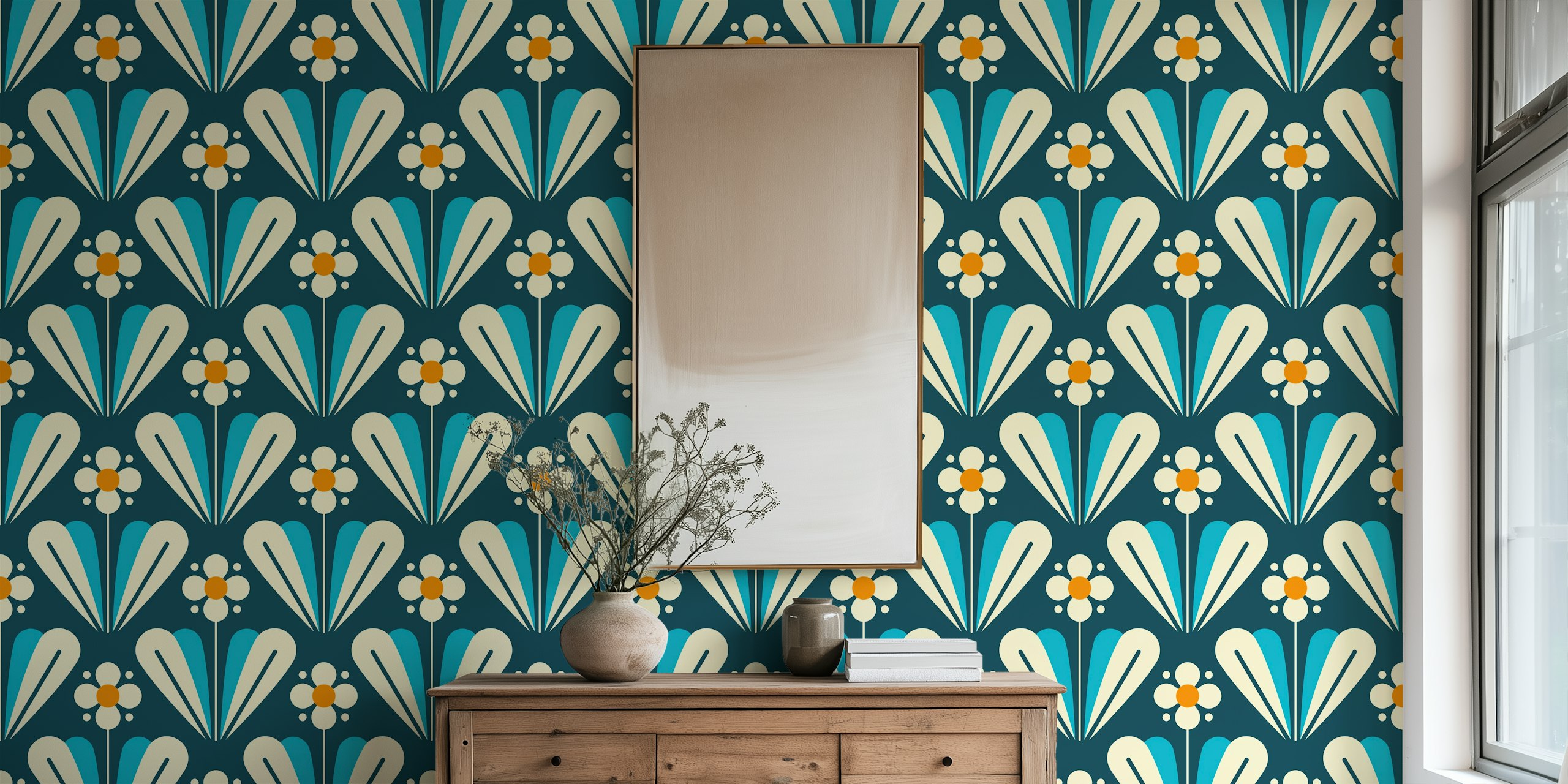 Blue Scandi daisies wallpaper in a room