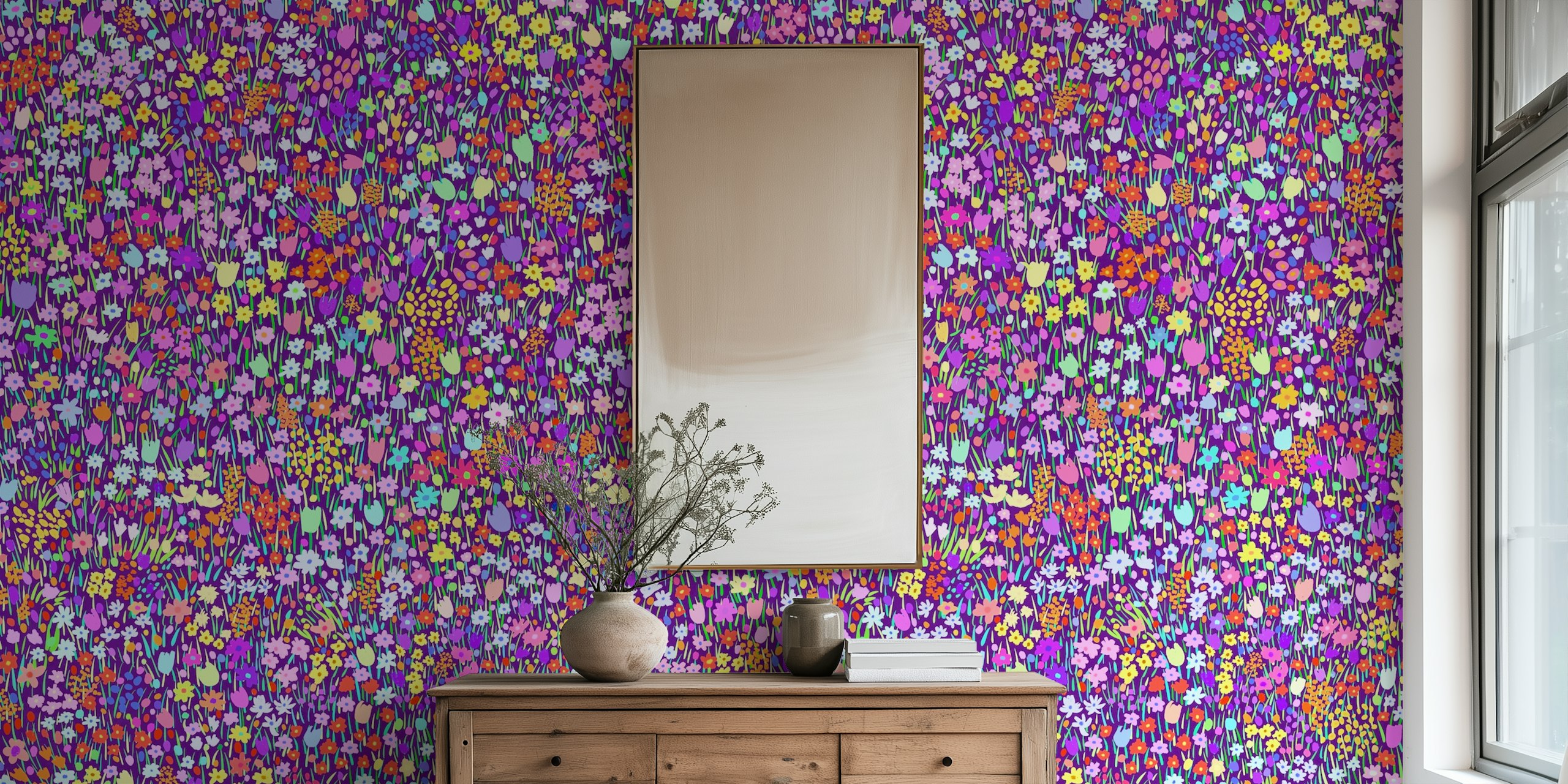 Colorful meadow wallpaper in a room