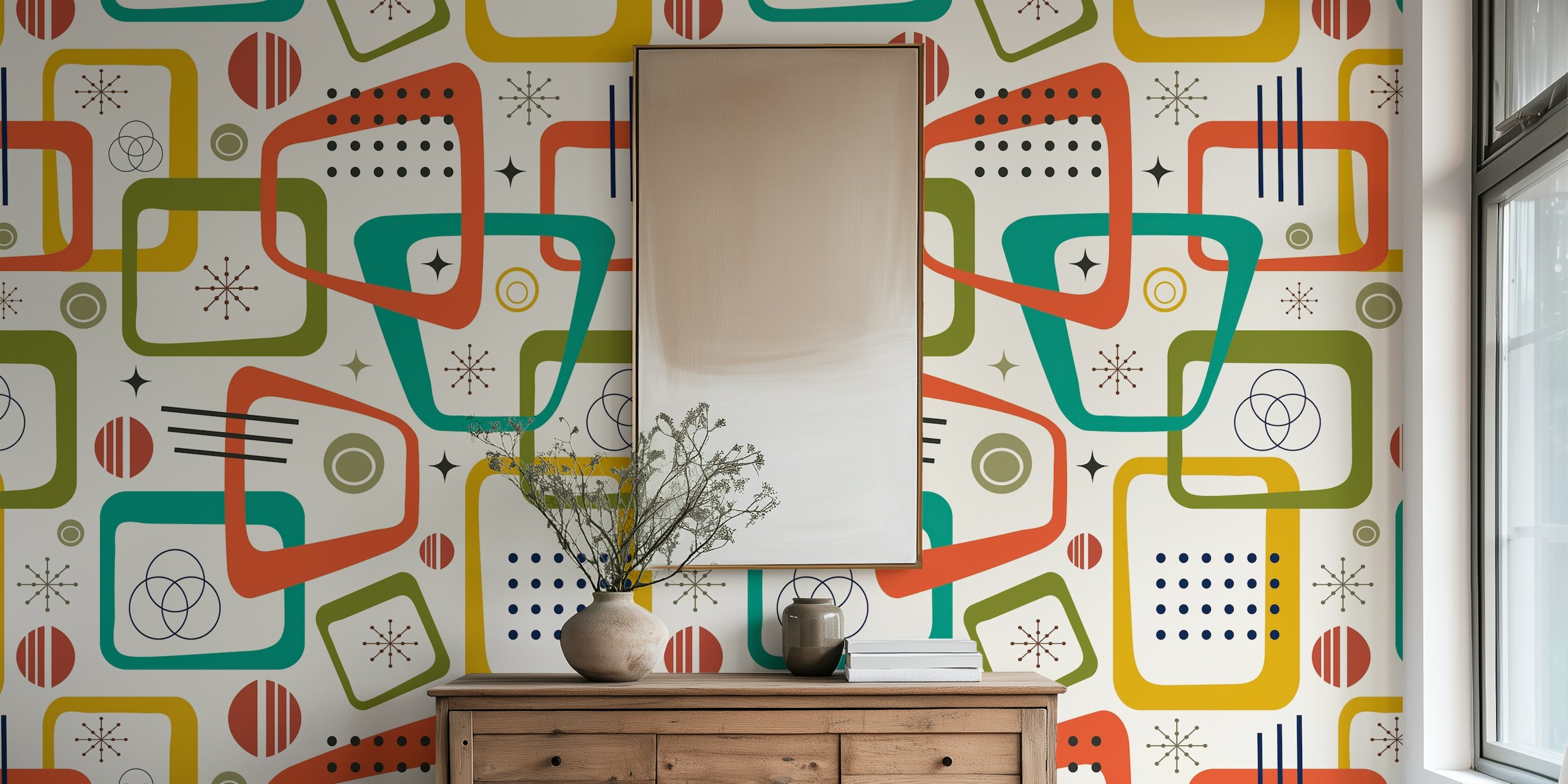 Mid Century Modern geometric wallpaper with colorful shapes