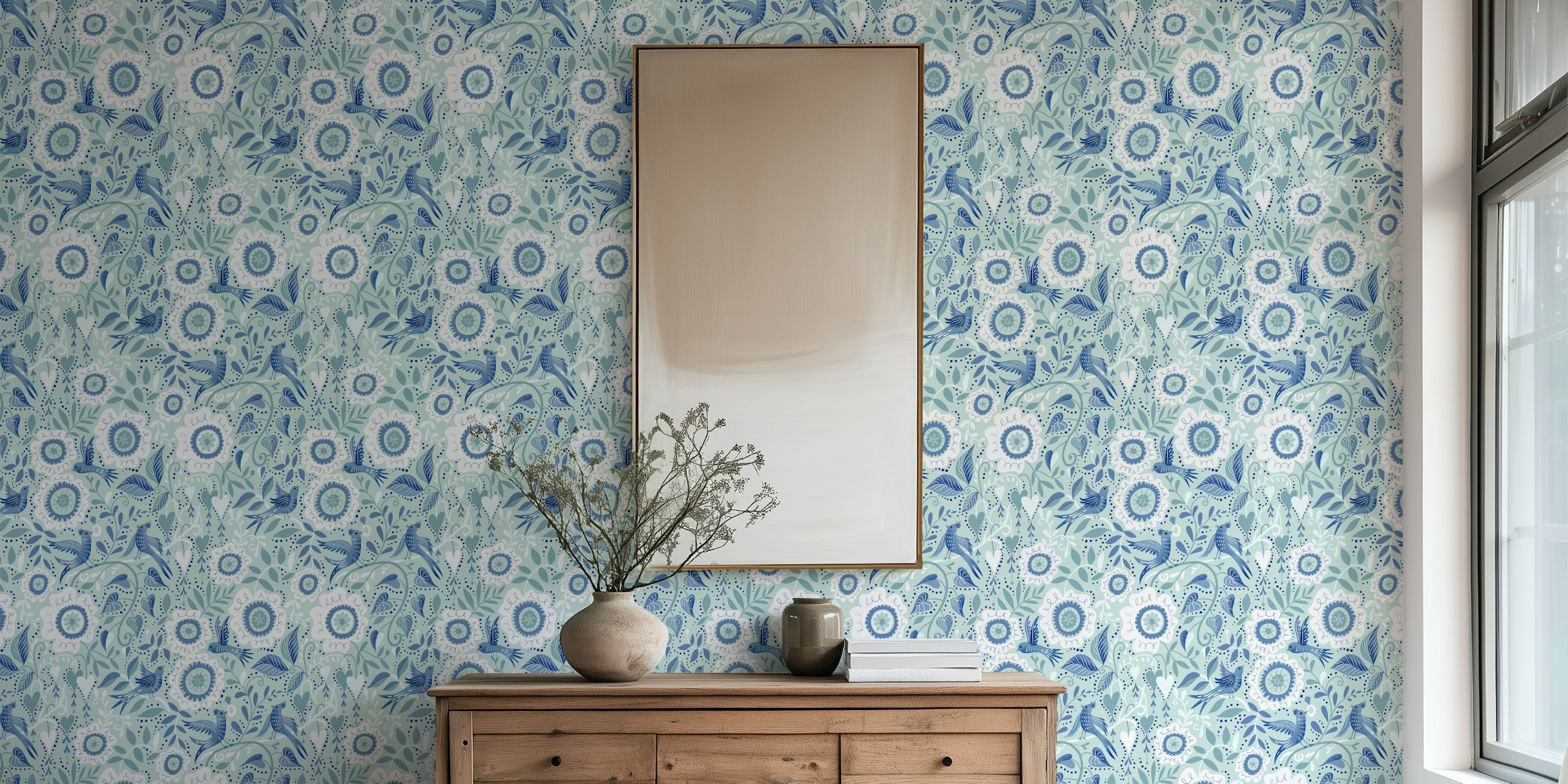 Blue birds and white flowers on mint background wallpaper