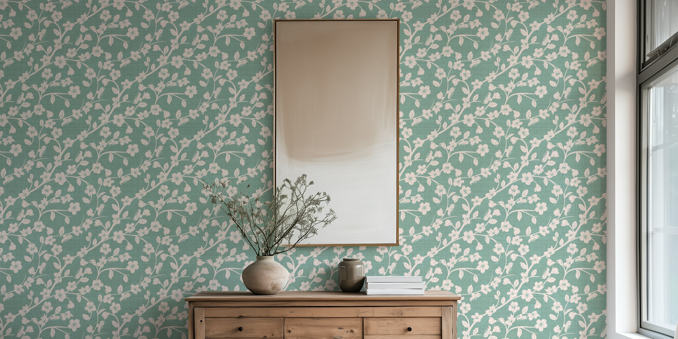 Teal background with white cherry blossom branches wallpaper
