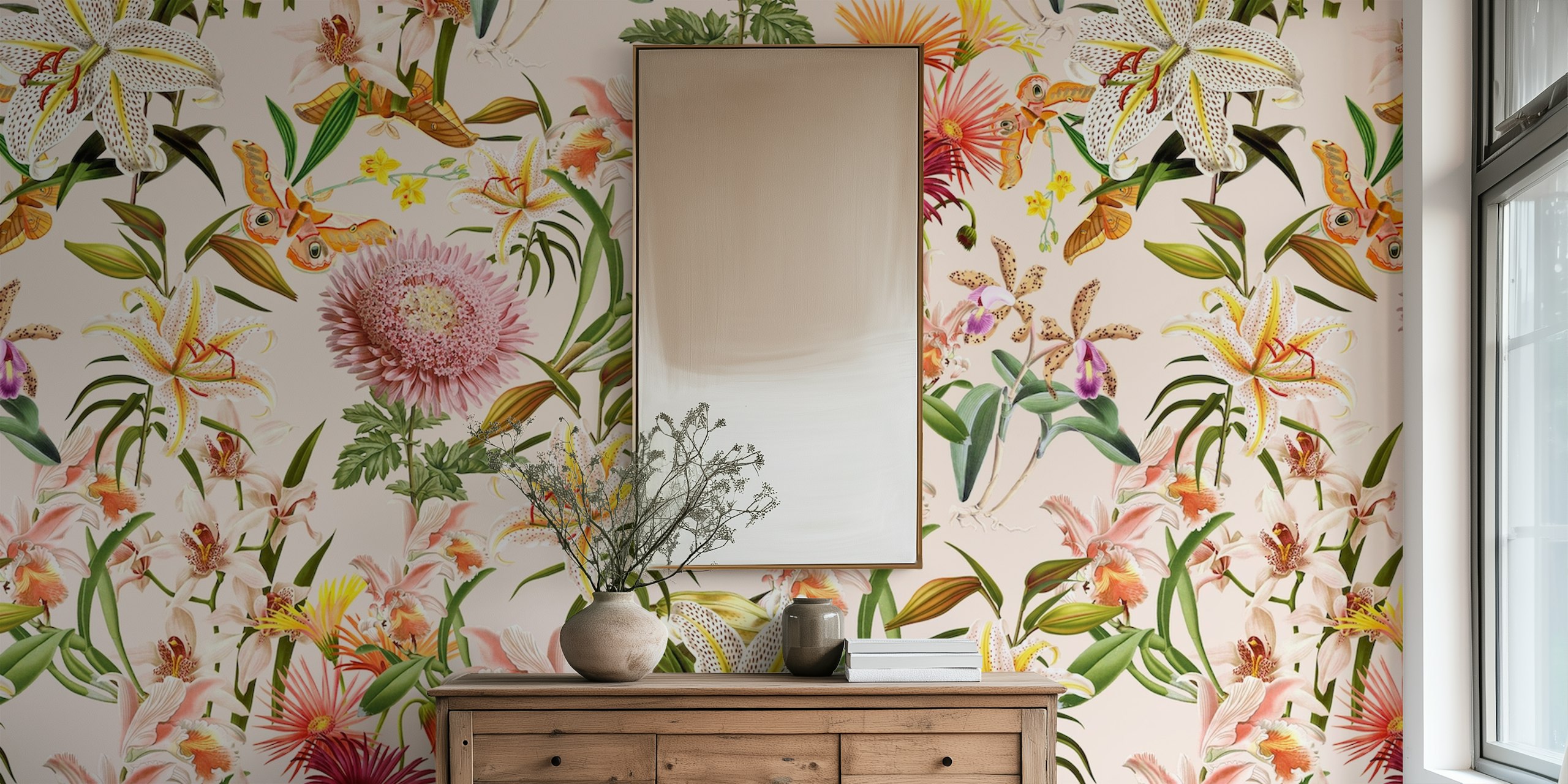 Floral design with various orchids and pink flowers on beige wallpaper
