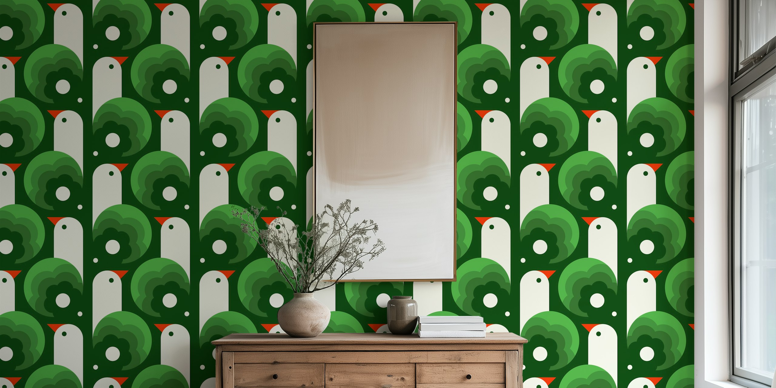 Green and white playful bird pattern wallpaper