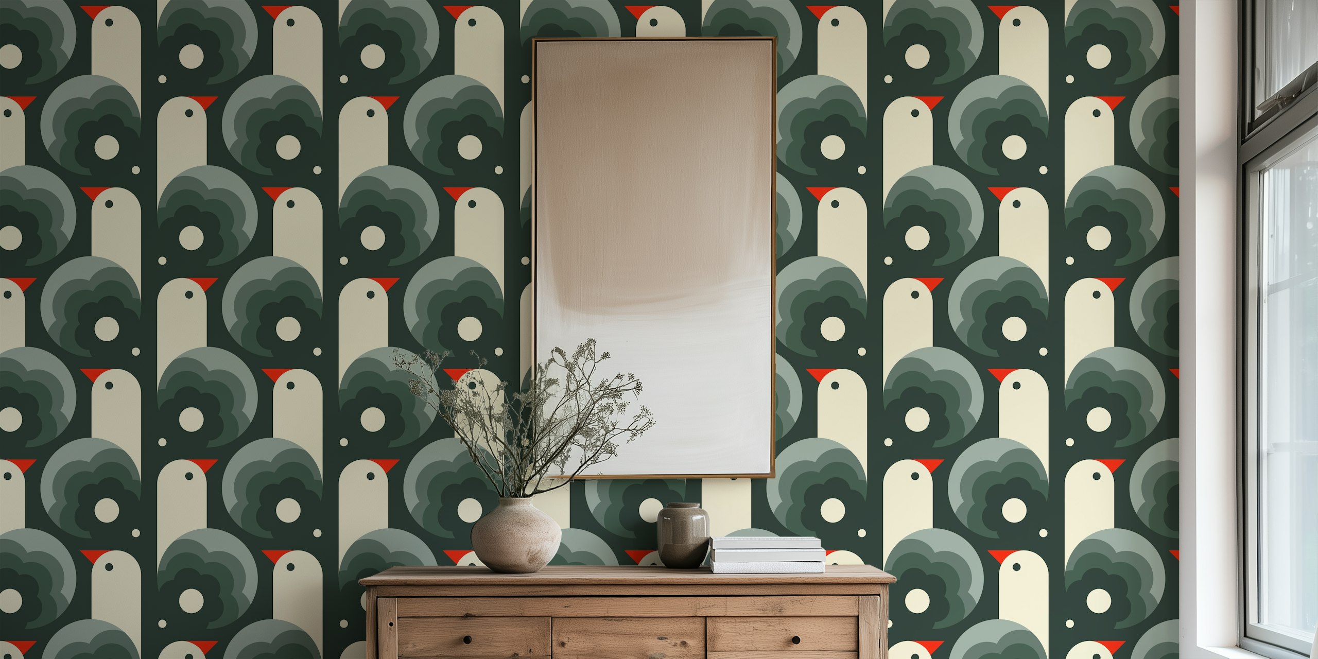 Playful birds with grey and cream background wallpaper