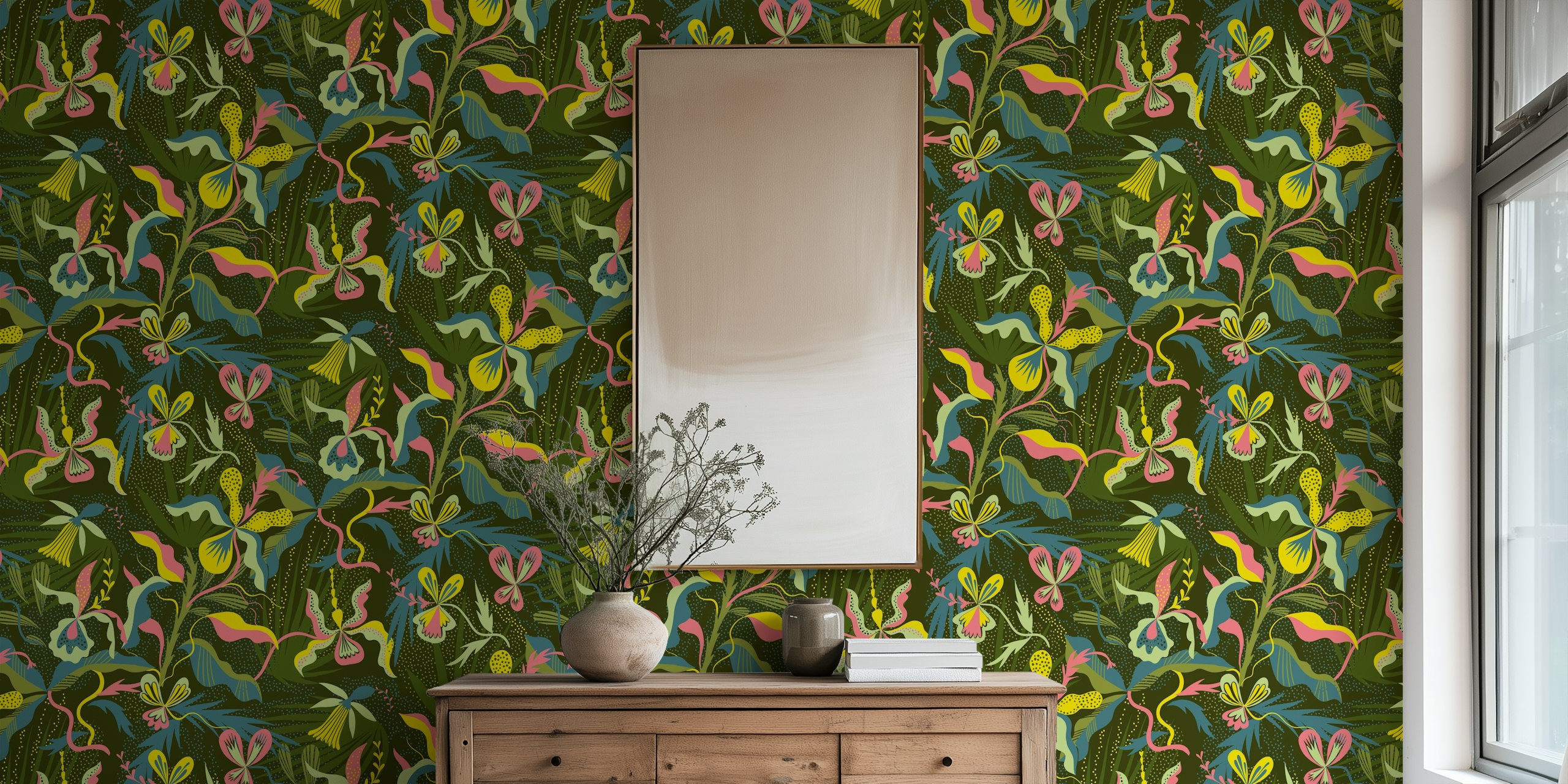 Fototapeta Orchid Jungle Dark Green se zářivými orchidejemi na tmavém pozadí