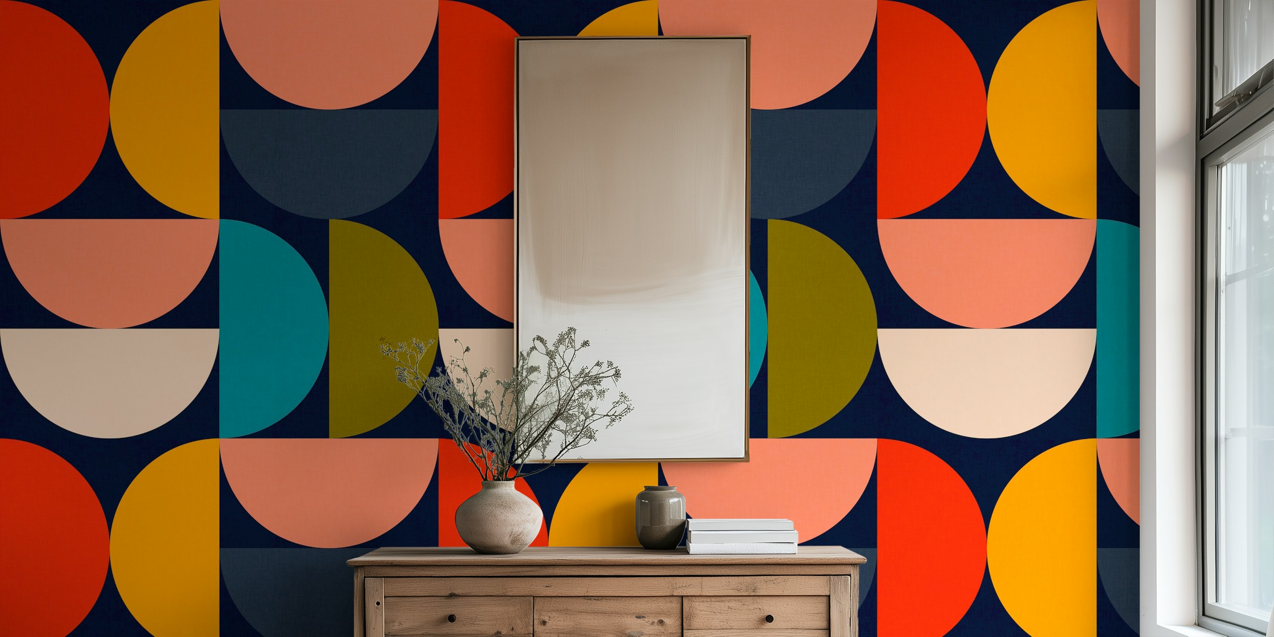Bauhaus geometric mid century wallpaper in a room