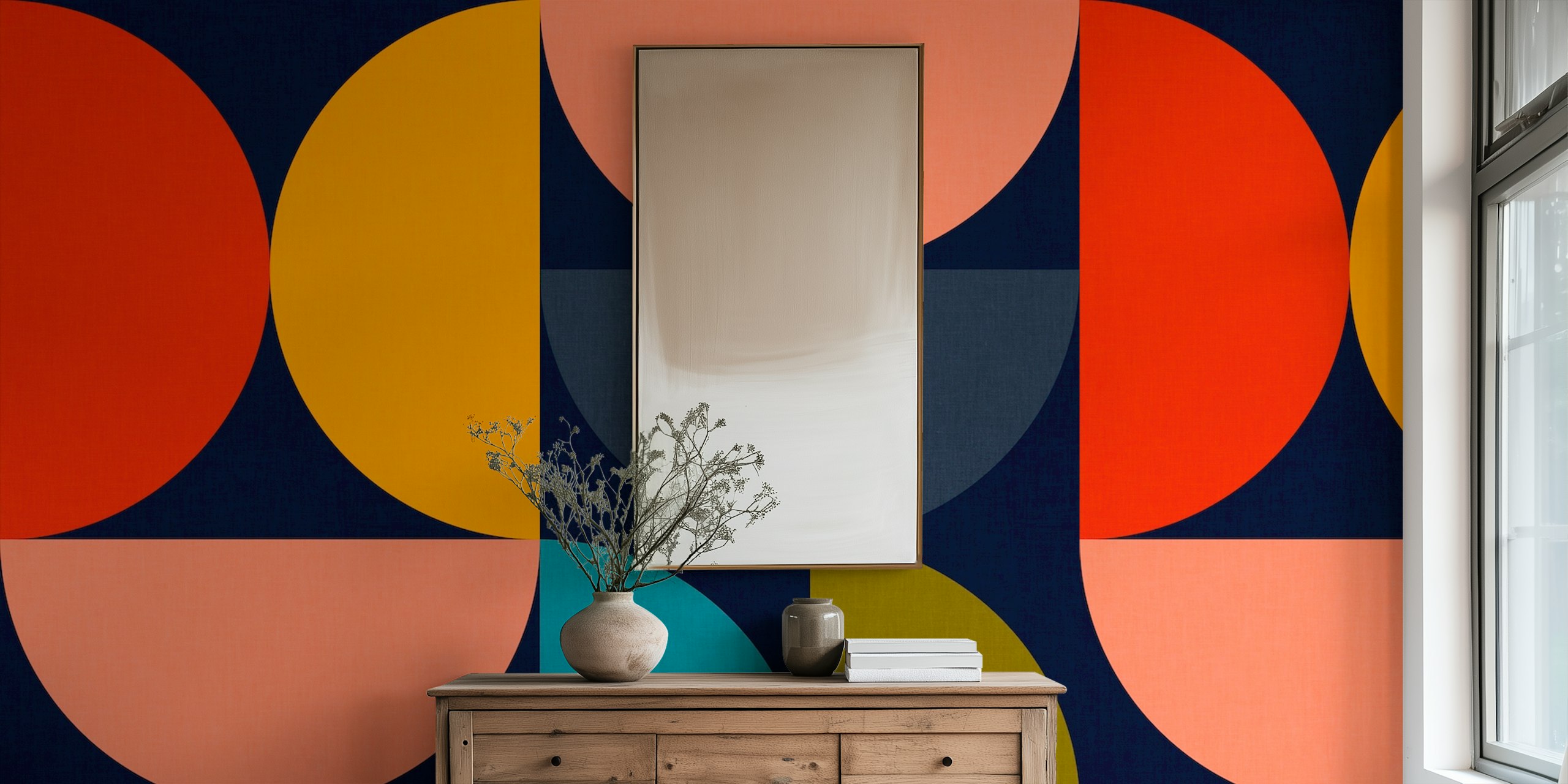 Bauhaus-inspired geometric shapes wall mural with a mid-century color scheme