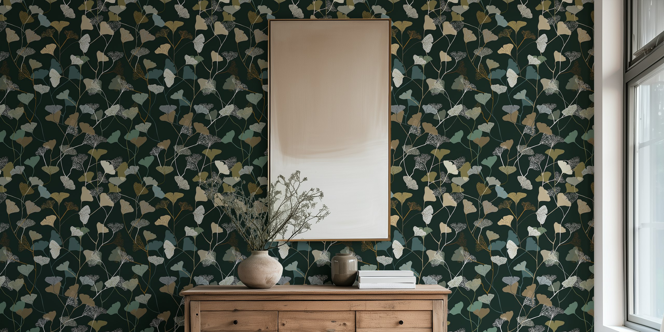 Ginkgo Leaves dark tapetti huoneessa