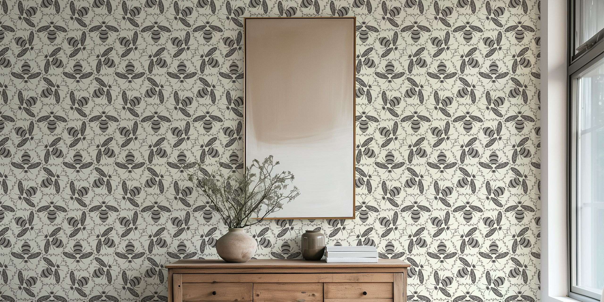 Folk art black and white bee motifs on honeycomb wallpaper