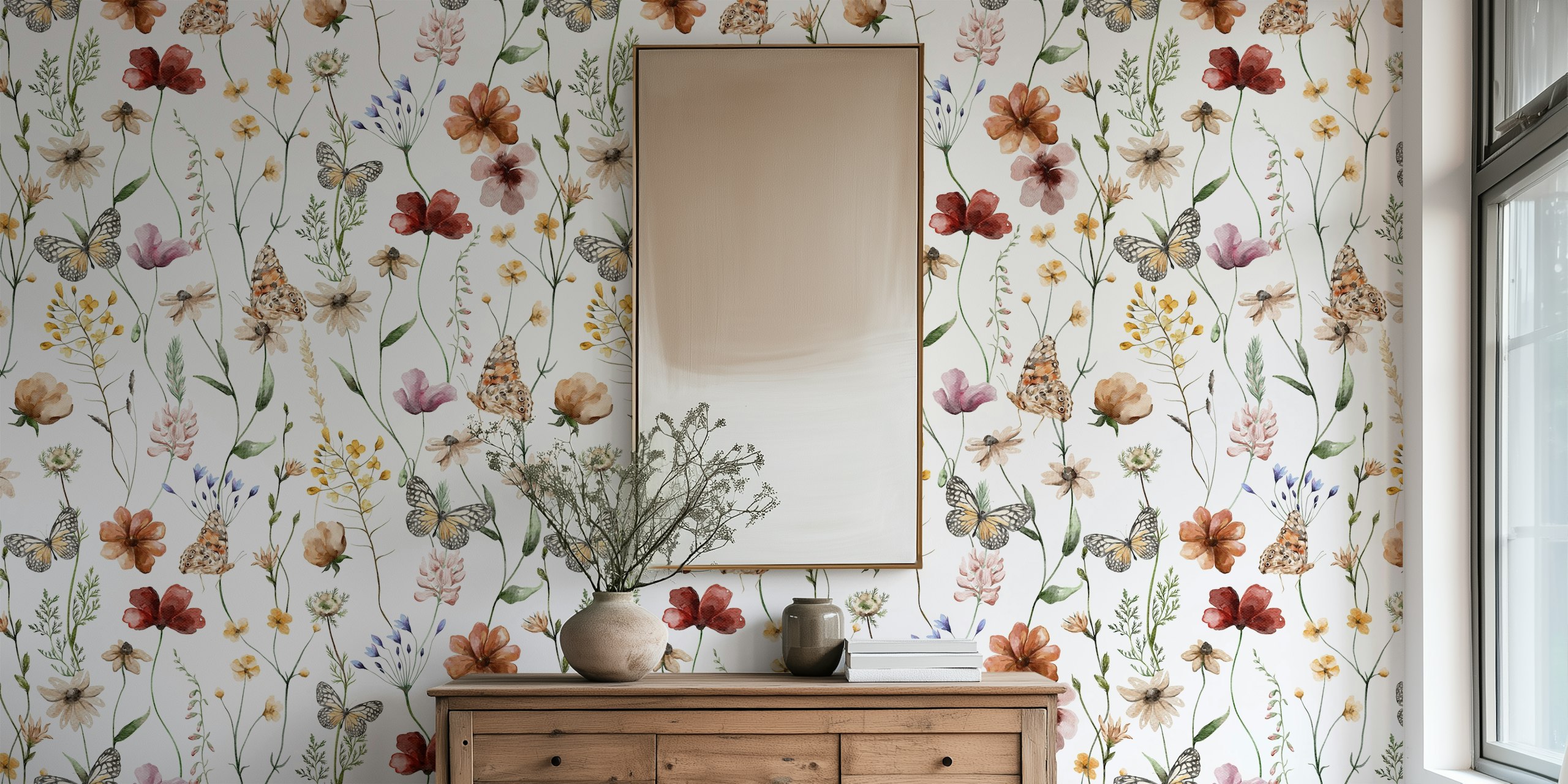 Floral wildflowers in pastel colors with butterflies wallpaper