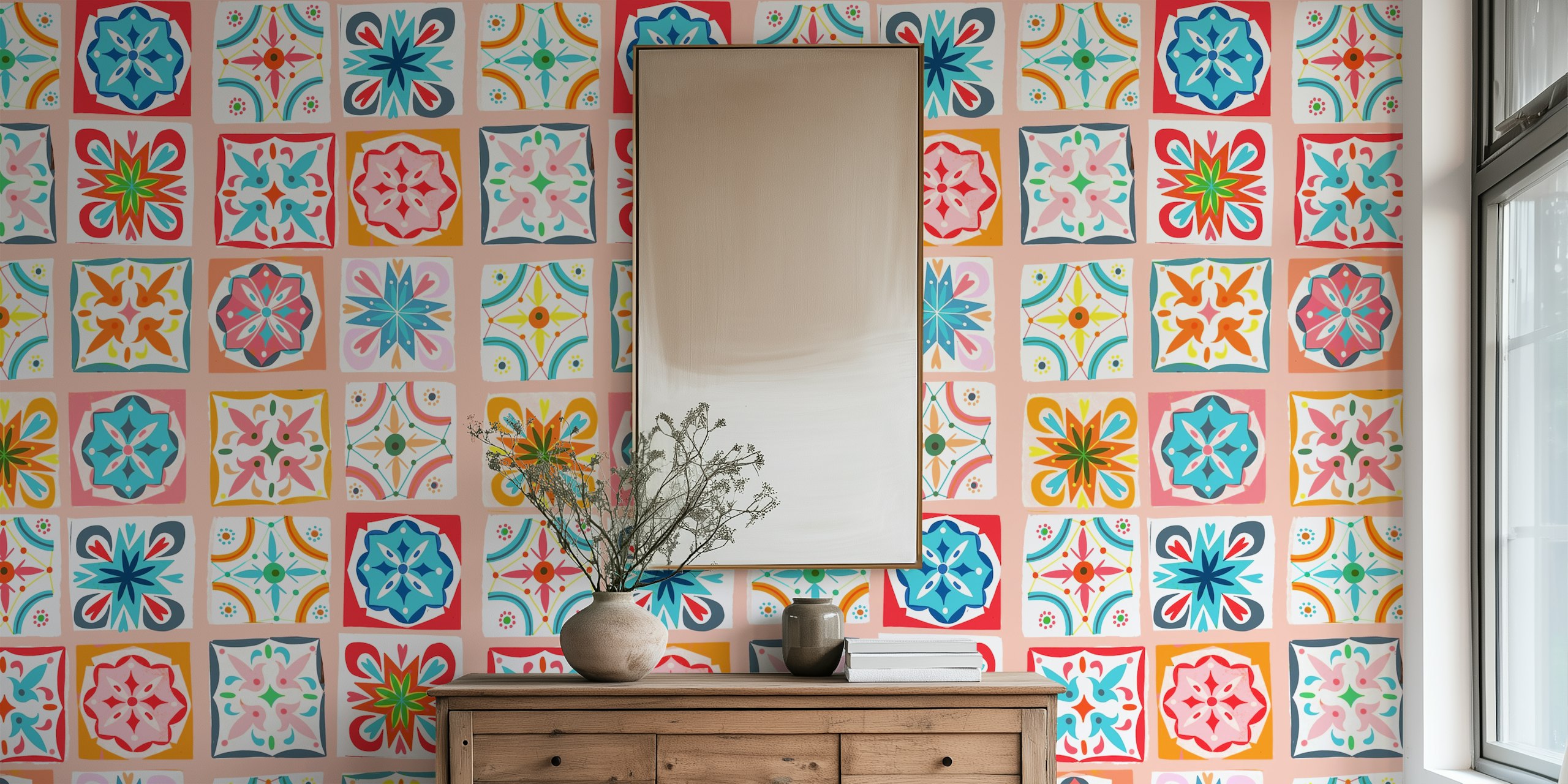 Checkers azulejos pastel rose wallpaper in a room