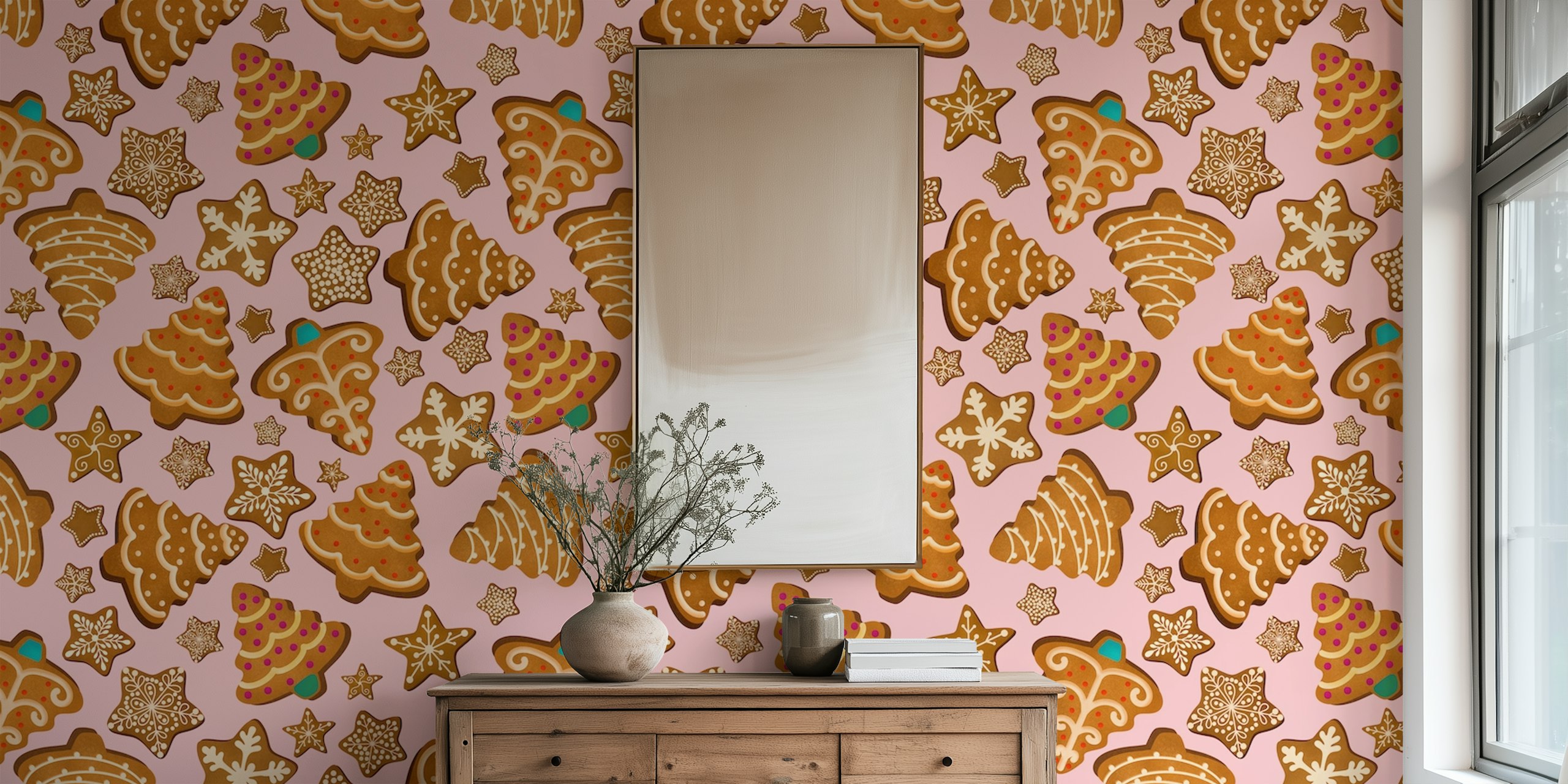Gingerbread cookies and trees on pink background wallpaper