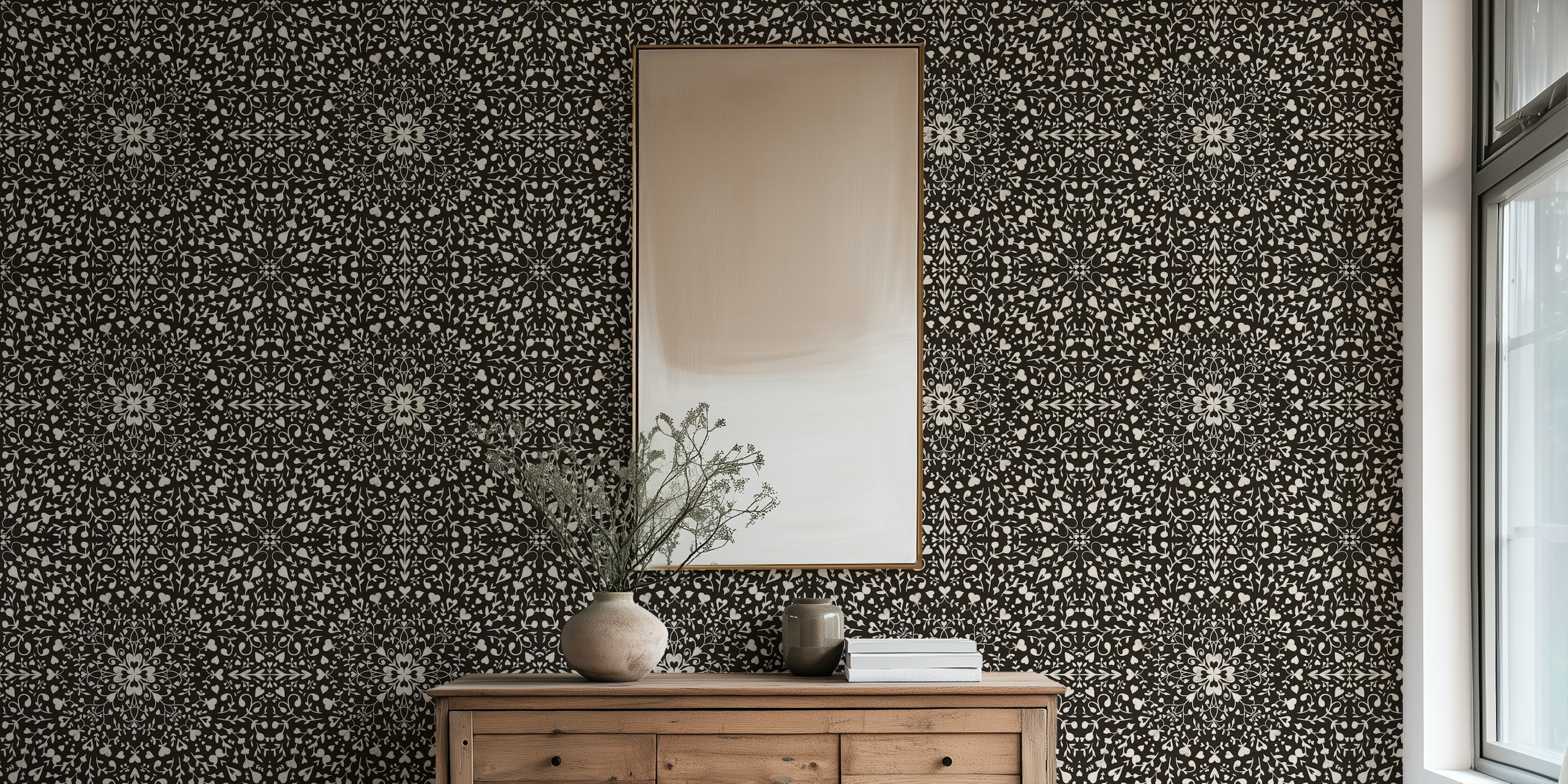 Black and white floral mandala pattern wall mural
