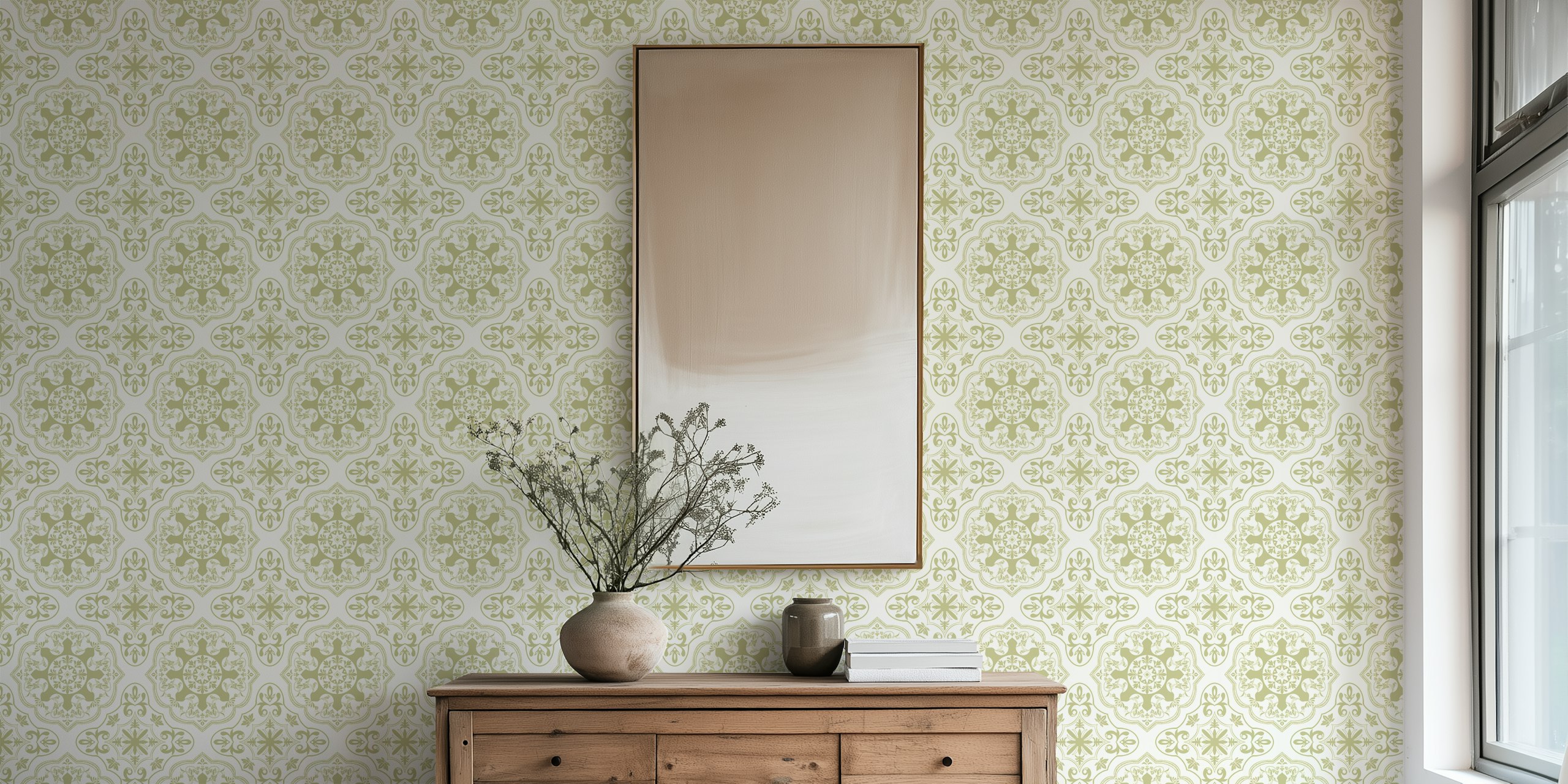 Green medallion patterns on cream background wallpaper