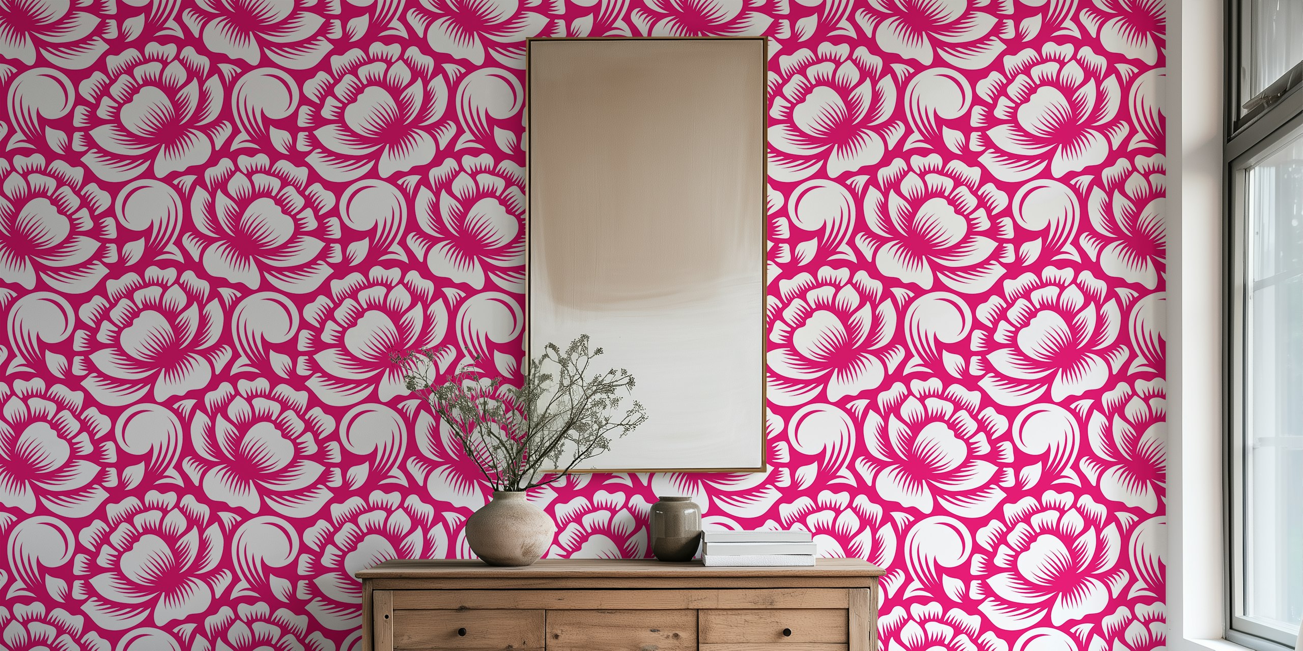 White peonies wallpaper on a pink background