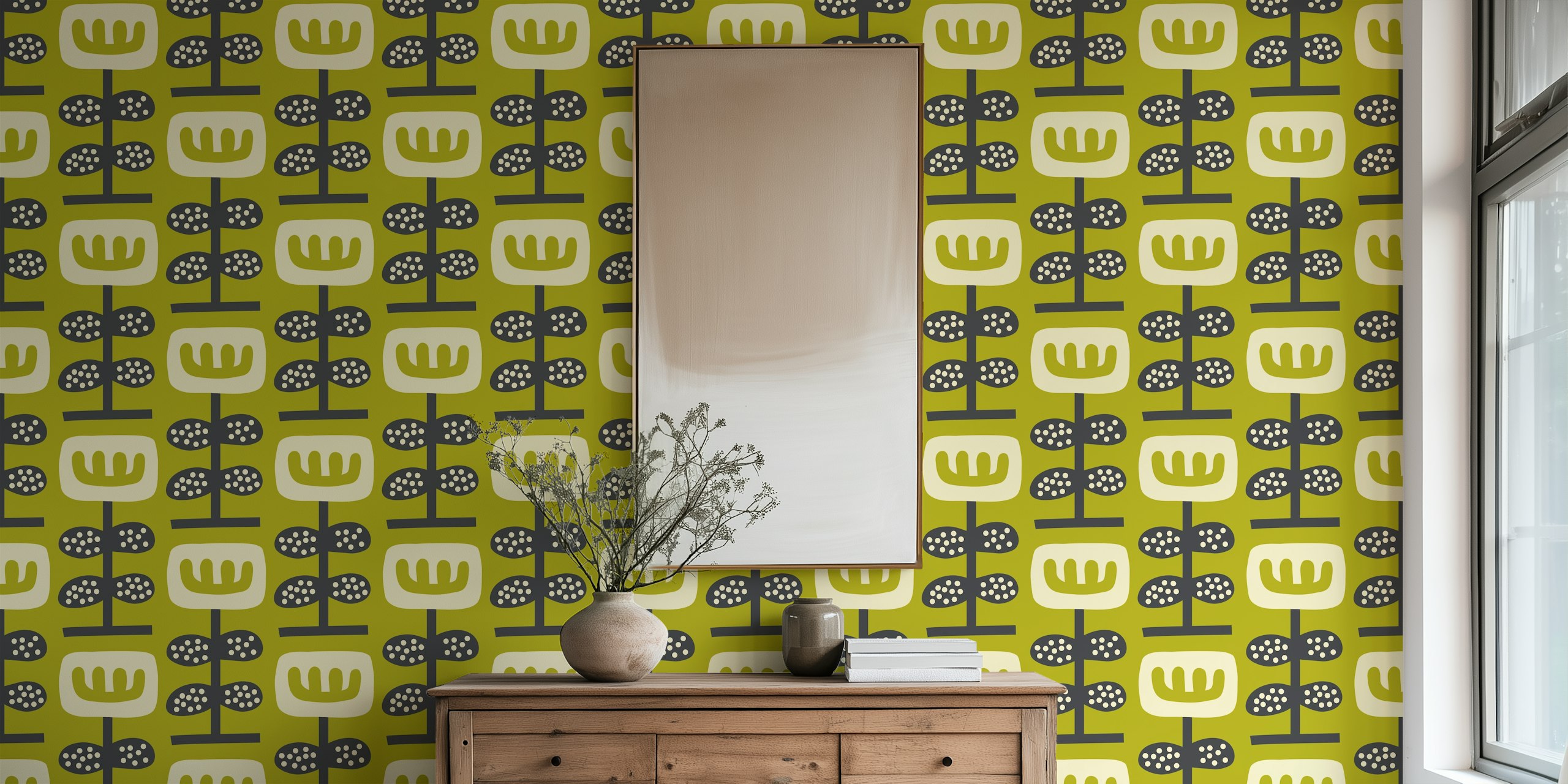 Sage green floral design with abstract shapes and dots wallpaper