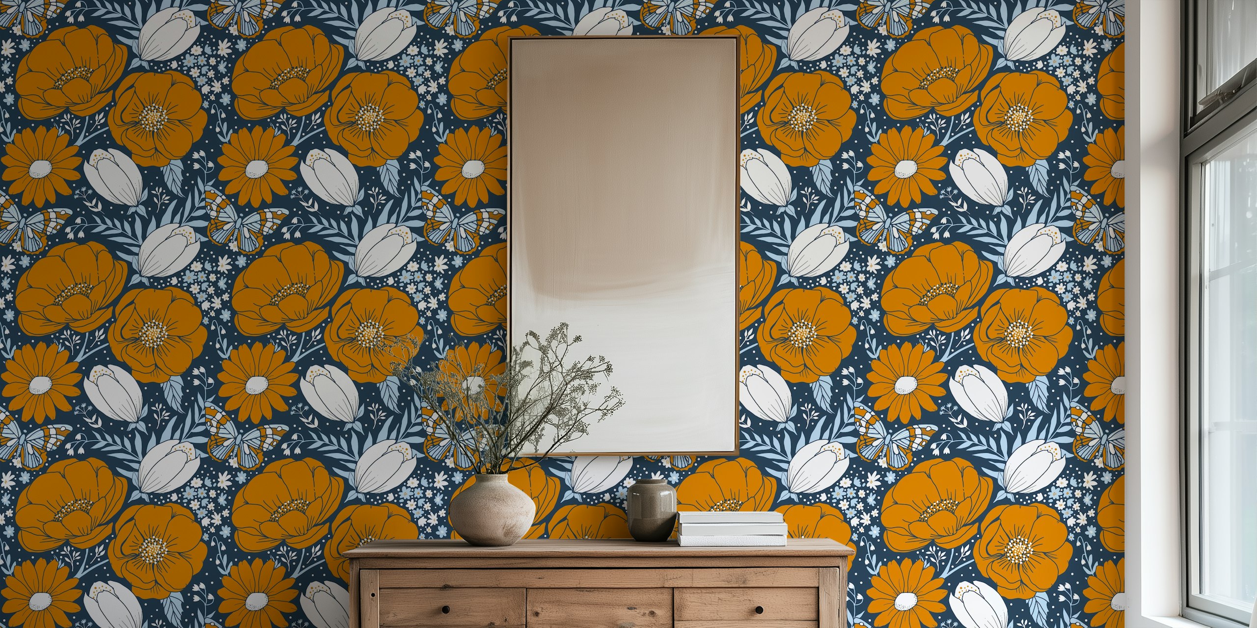 Colorful orange flowers and white buds on navy blue wallpaper
