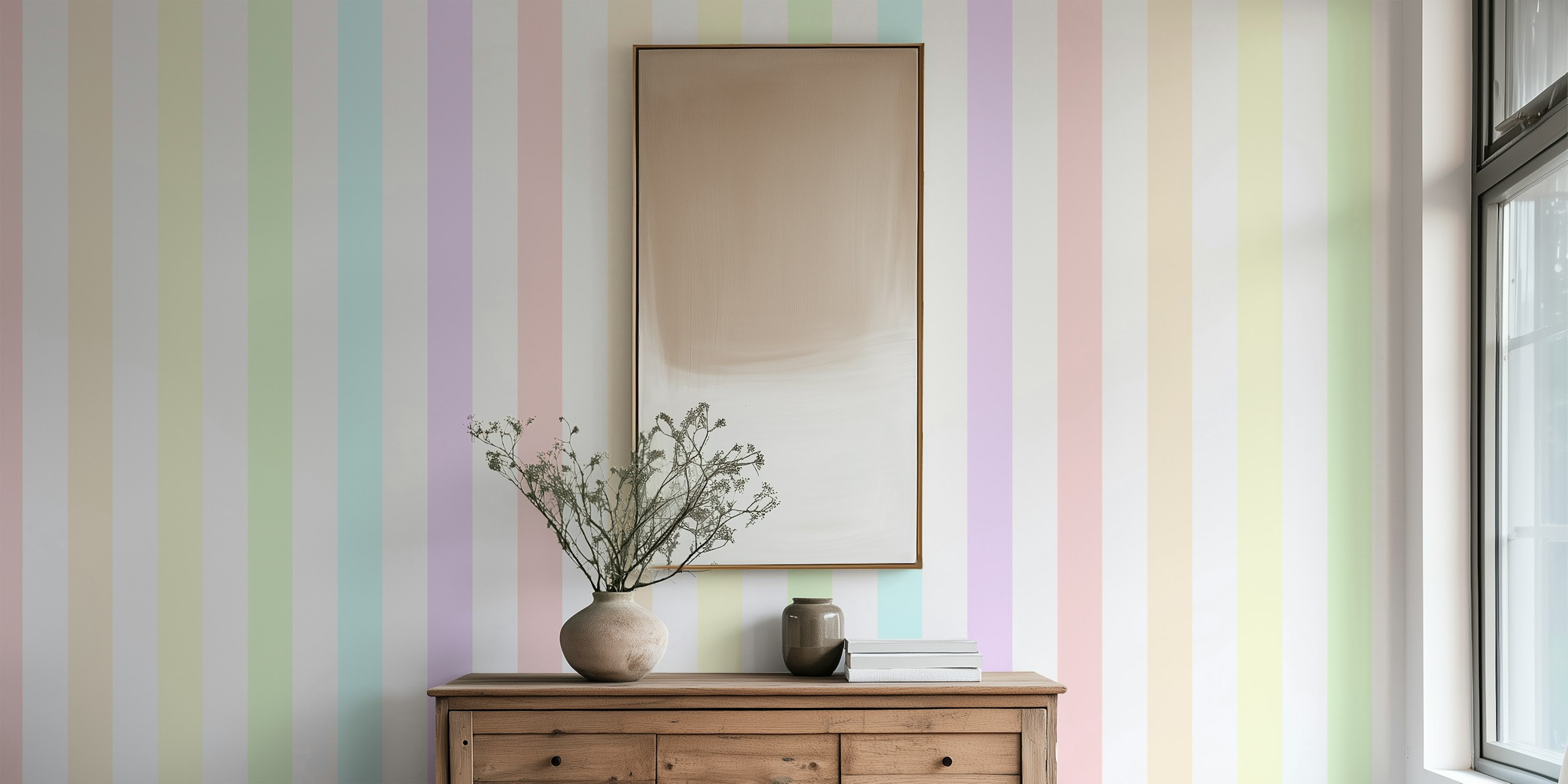 Pastel rainbow stripes in soft pink, yellow, green, blue, and lavender colors wallpaper