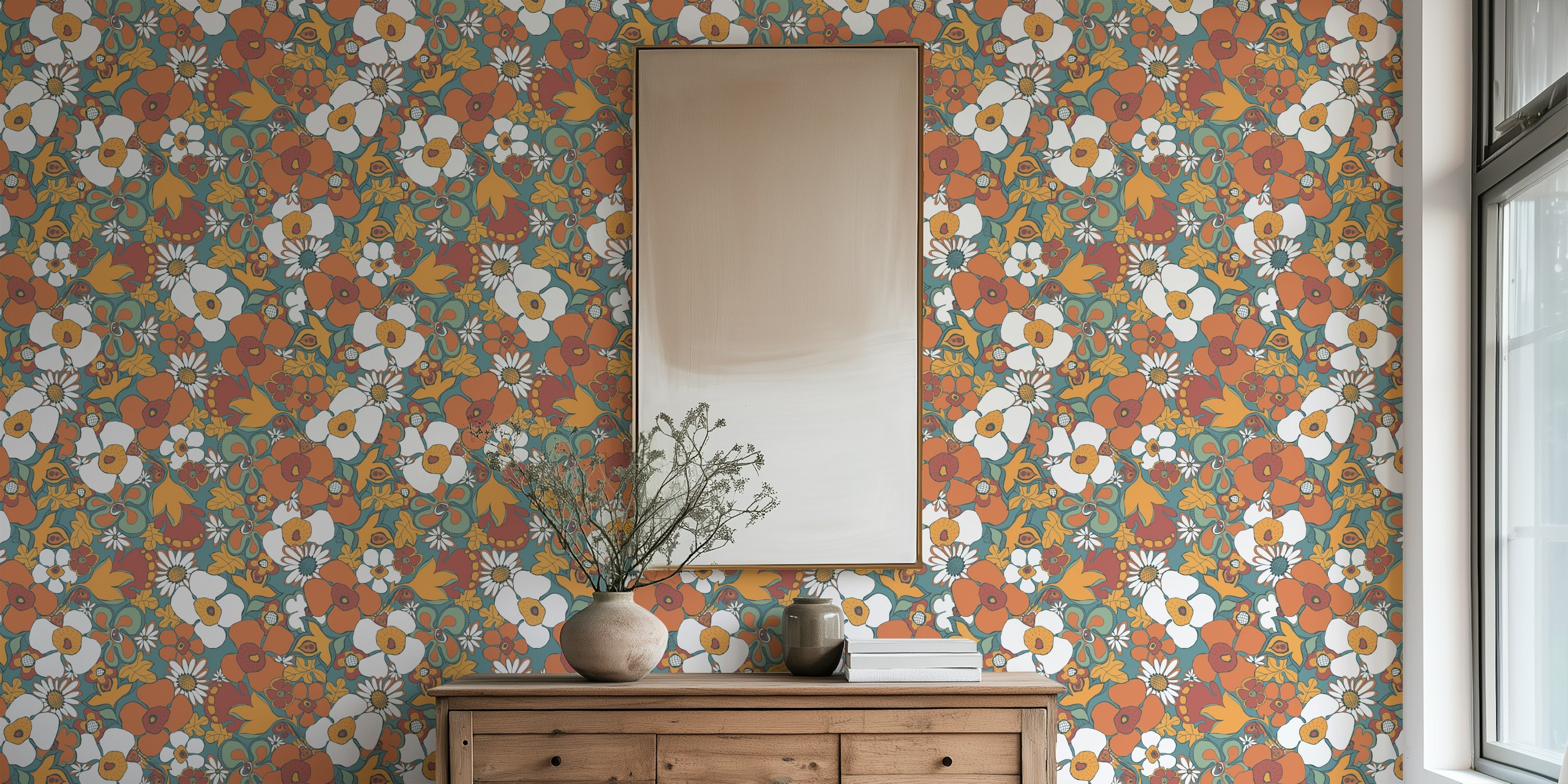 Floral Doodles Pattern in Teal Rust tapetti huoneessa