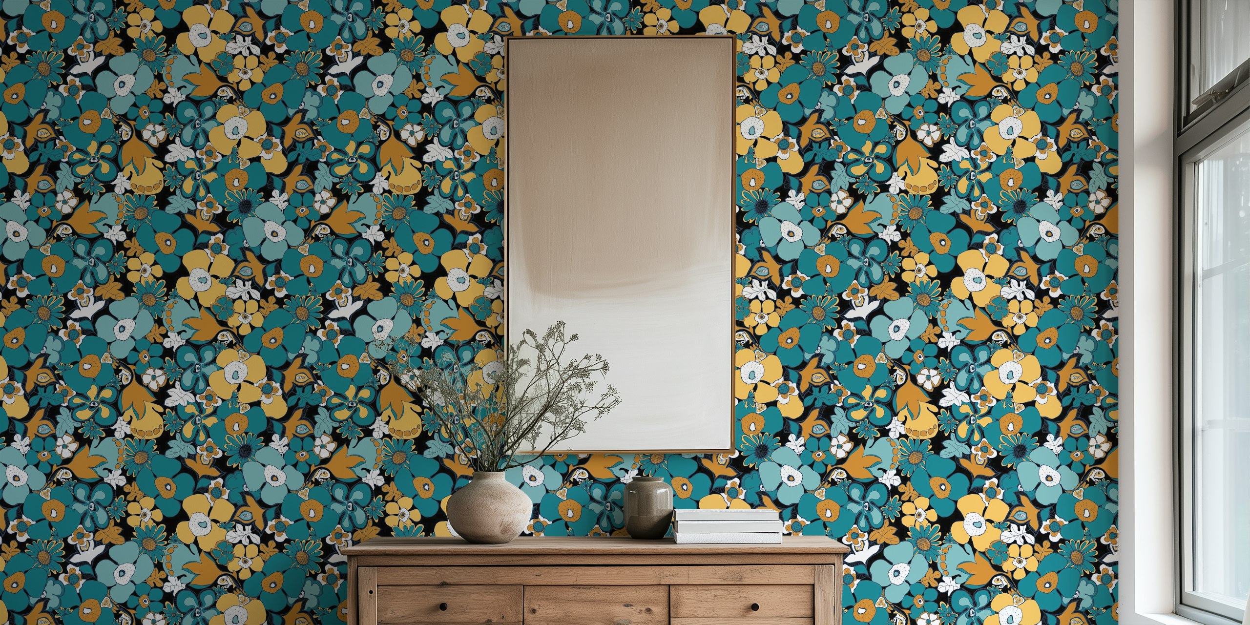 Floral doodles wallpaper pattern in teal and mustard