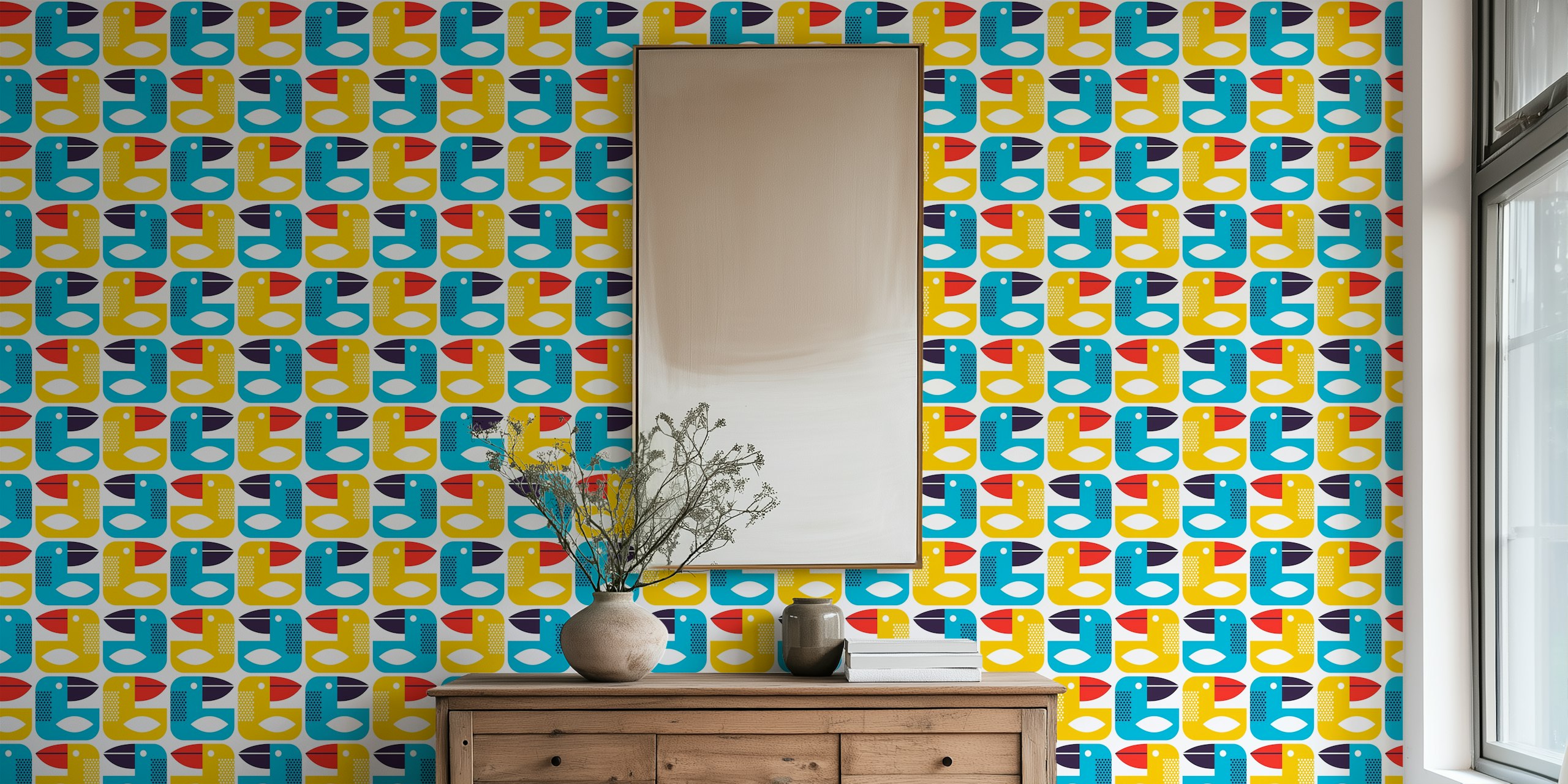 Colorful geometric parrot shapes in blue, yellow, and red wallpaper