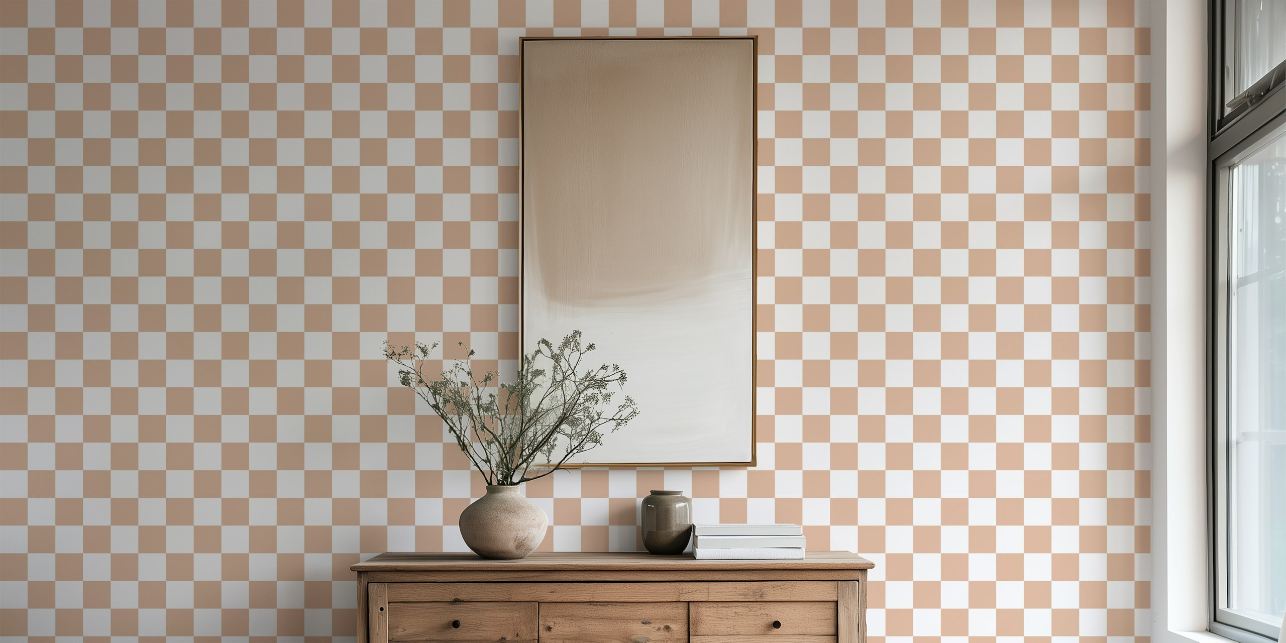 Scandi Checkerboard cream wallpaper in a room