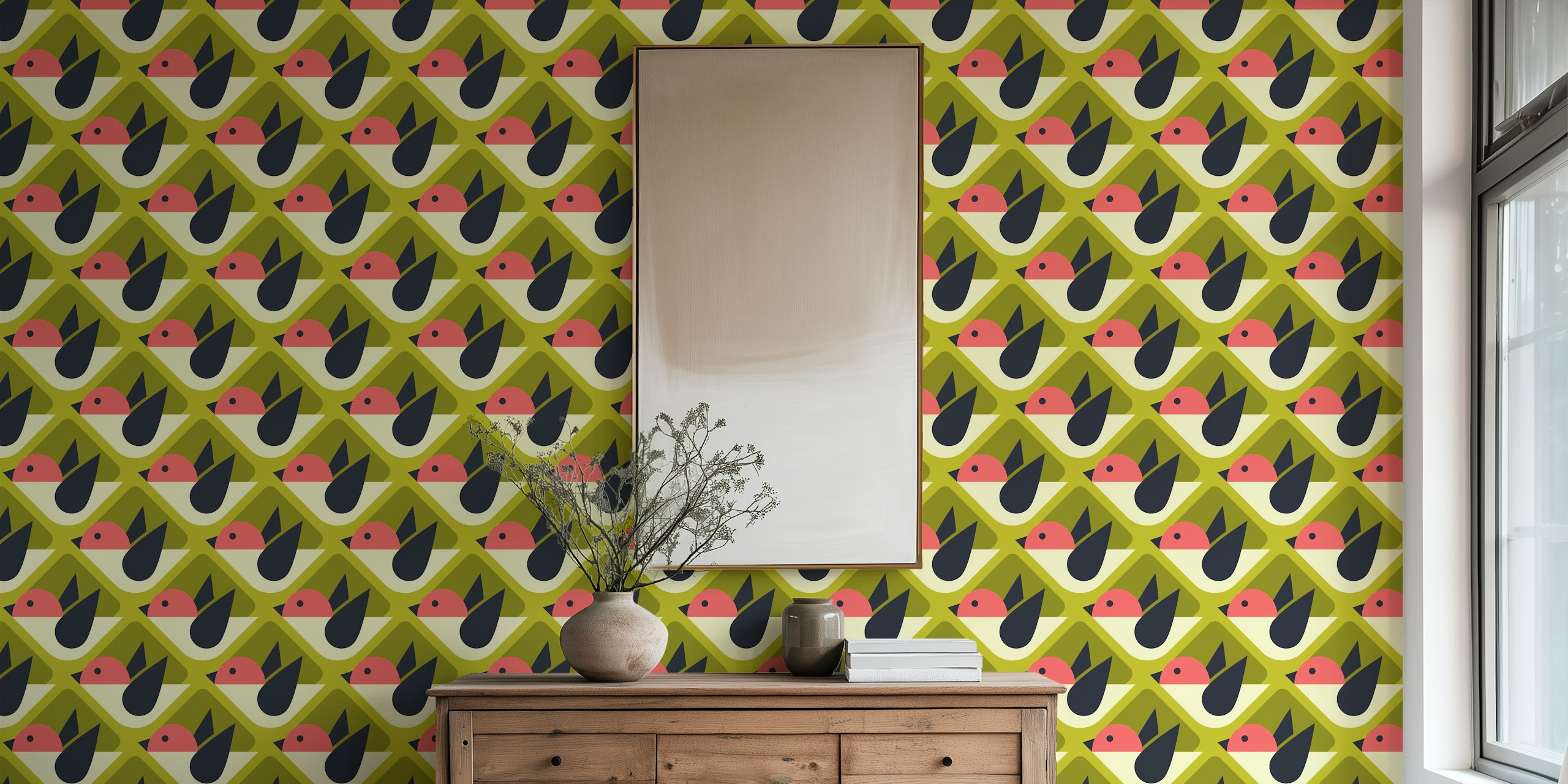 Geometric pattern featuring retro birds in green and pink wallpaper
