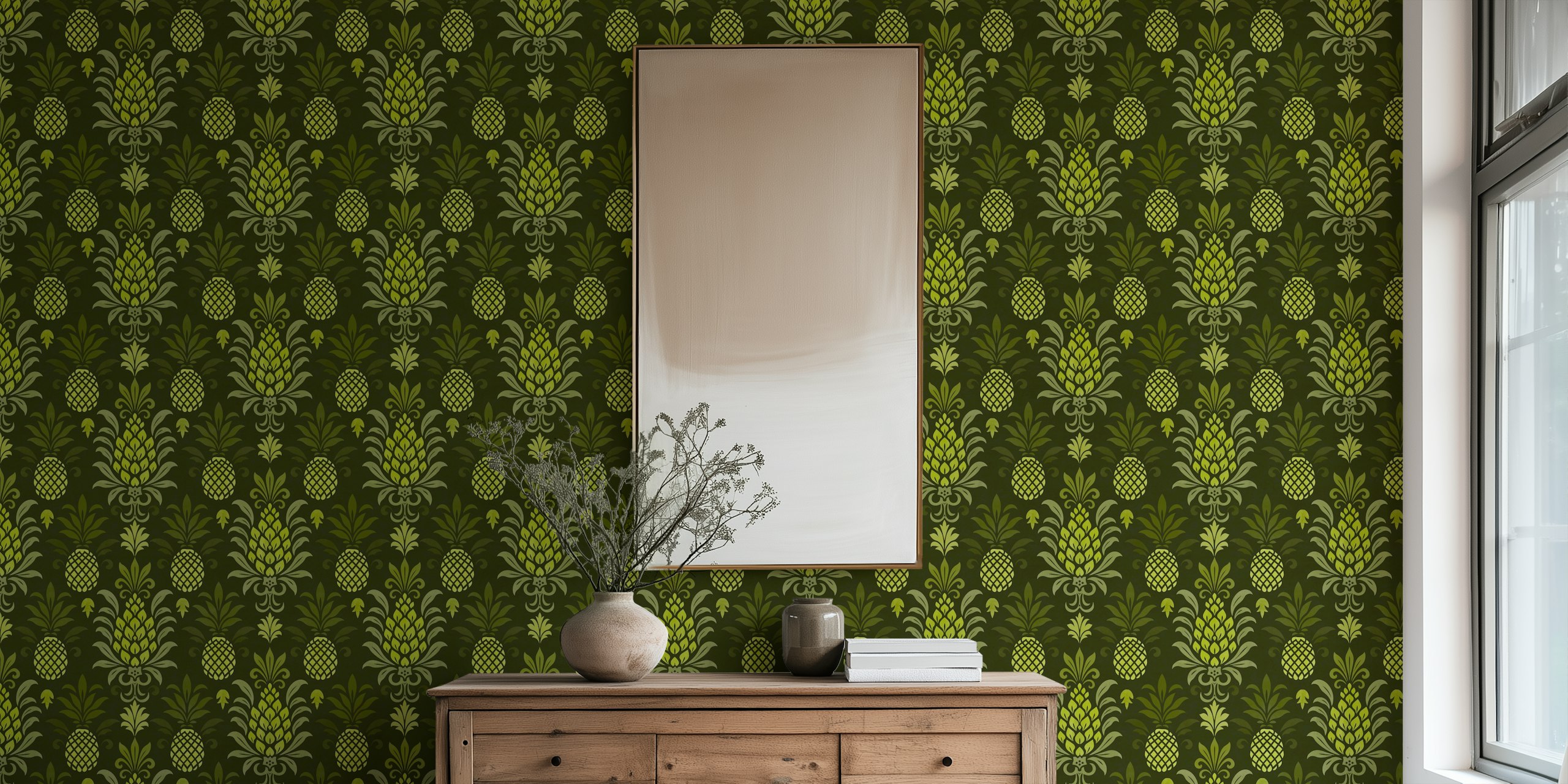 Modern monochrome pineapple wallpaper in a room