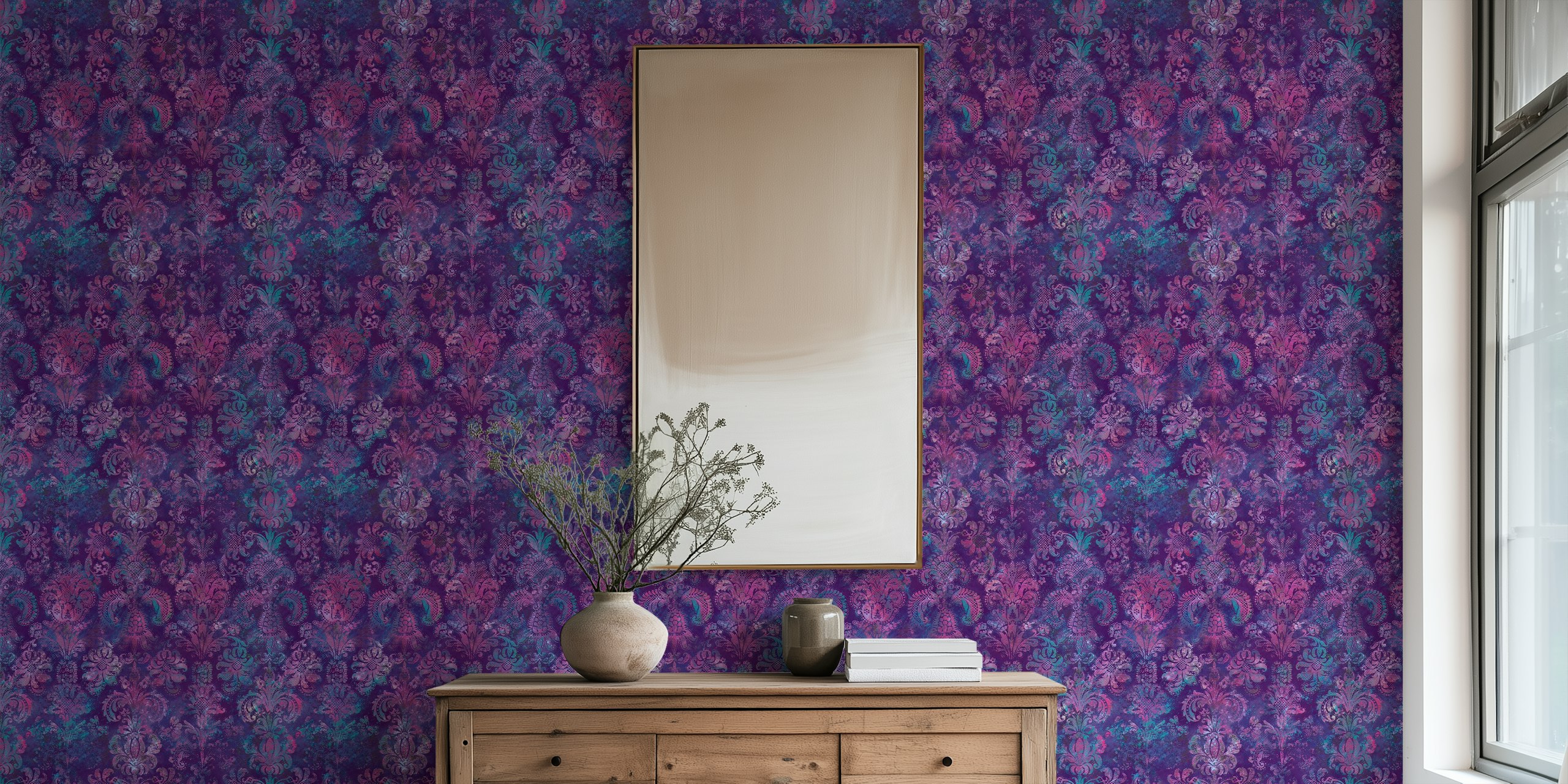 Grunge damask pattern i lilla turkis