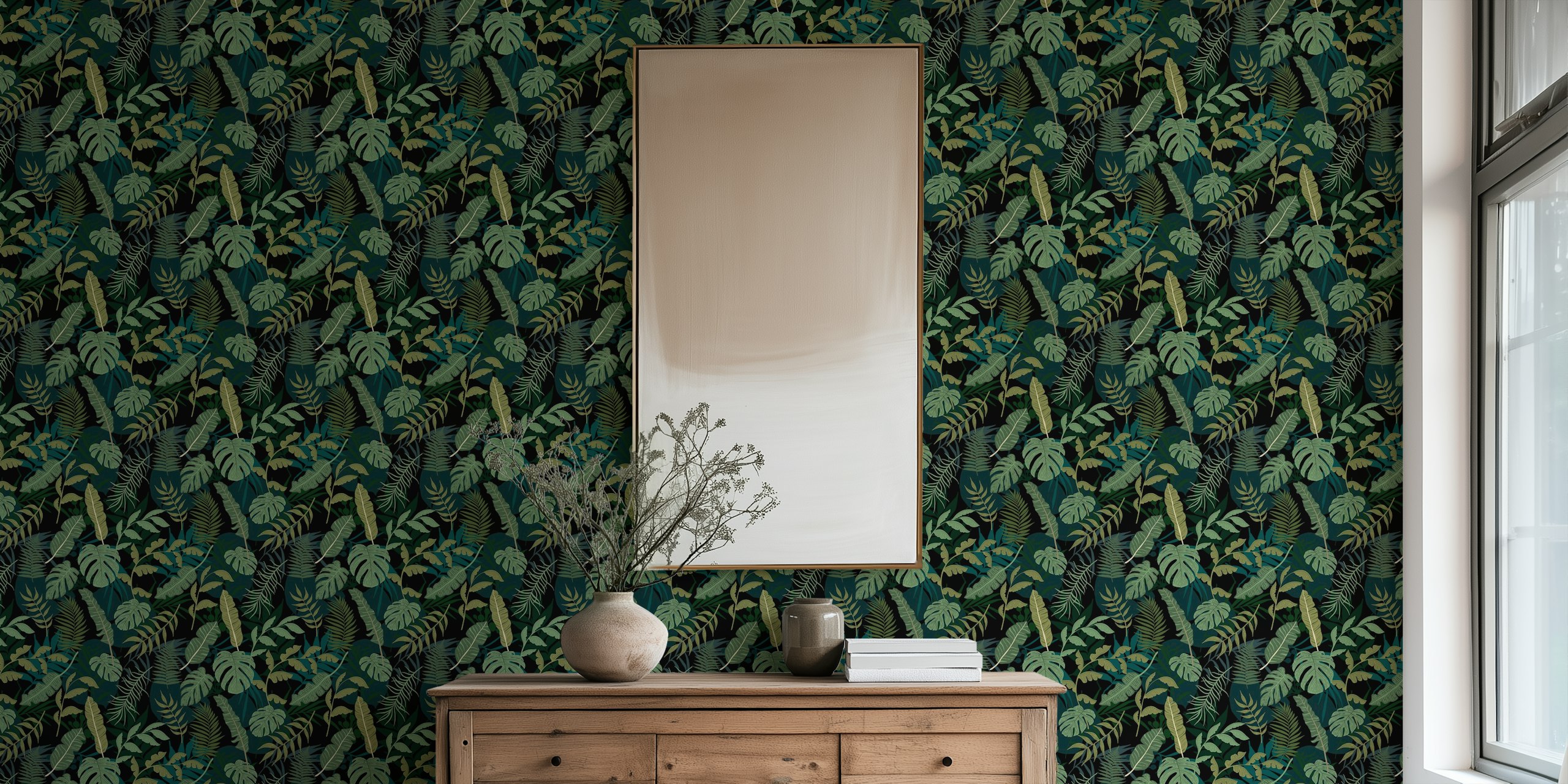 Monstera and palm leaves wallpaper in a room