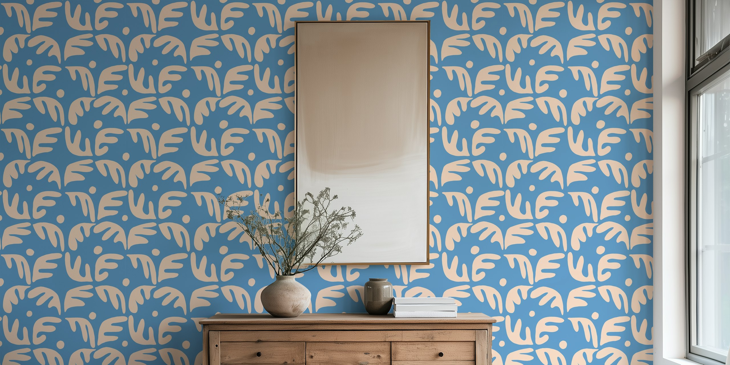 Palms in baby blue wallpaper in a room