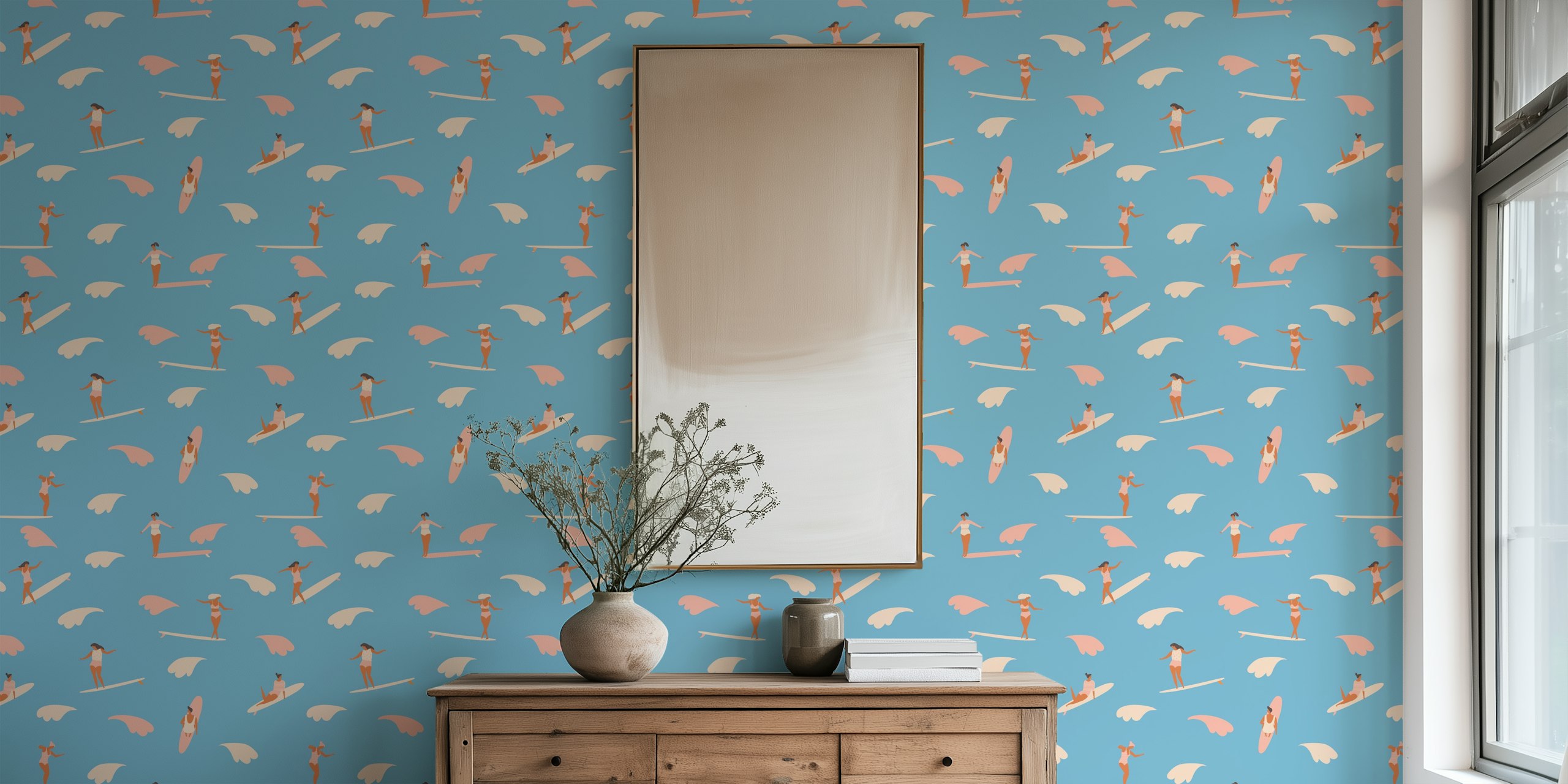 Surfers and waves in blue wallpaper design