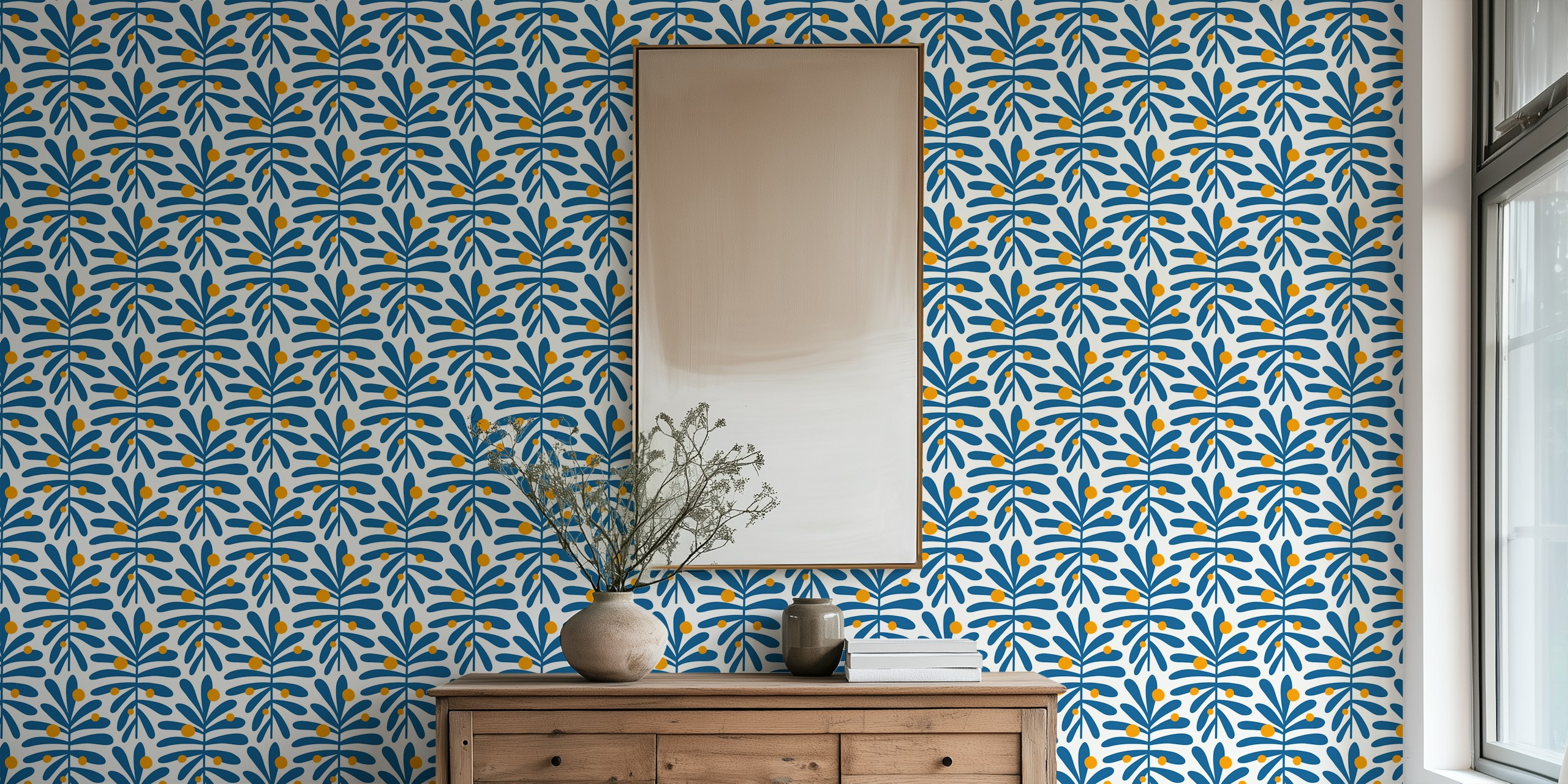 Abstract blue and yellow leaves wallpaper design