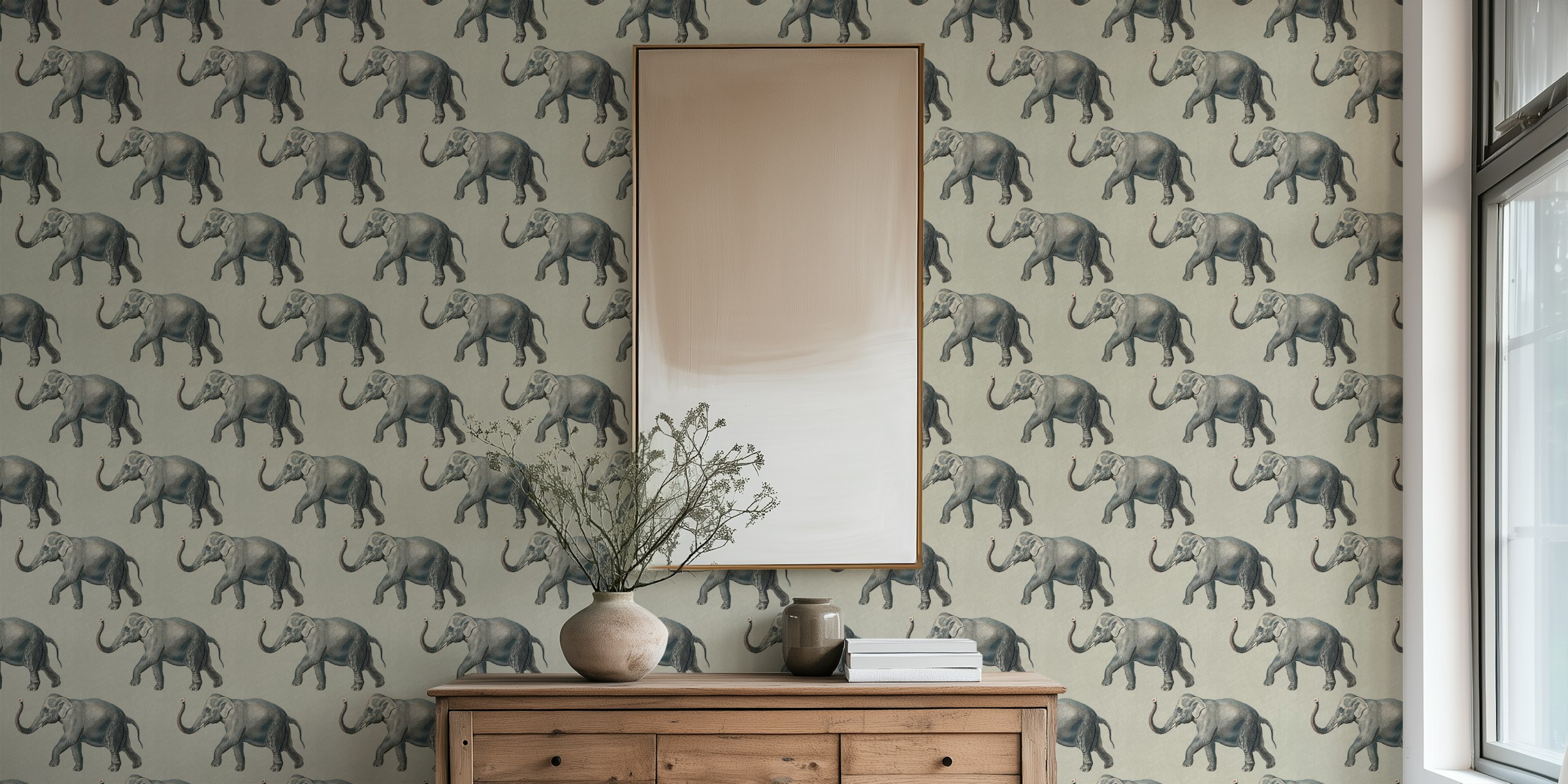 Vintage Elephant Pattern Wall Mural depicting elephants on a beige linen texture background