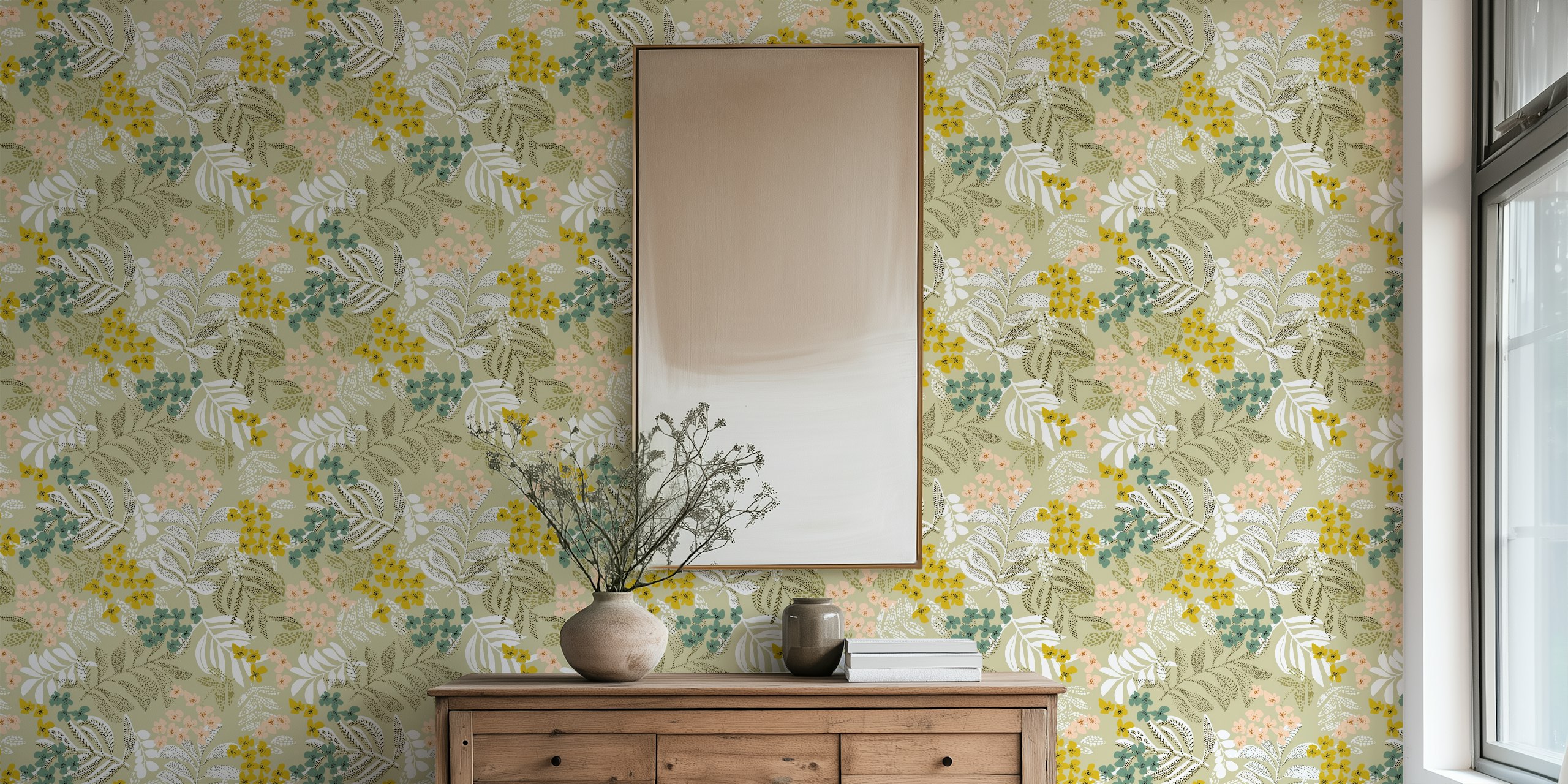 Autumn leaves sage green wallpaper in a room