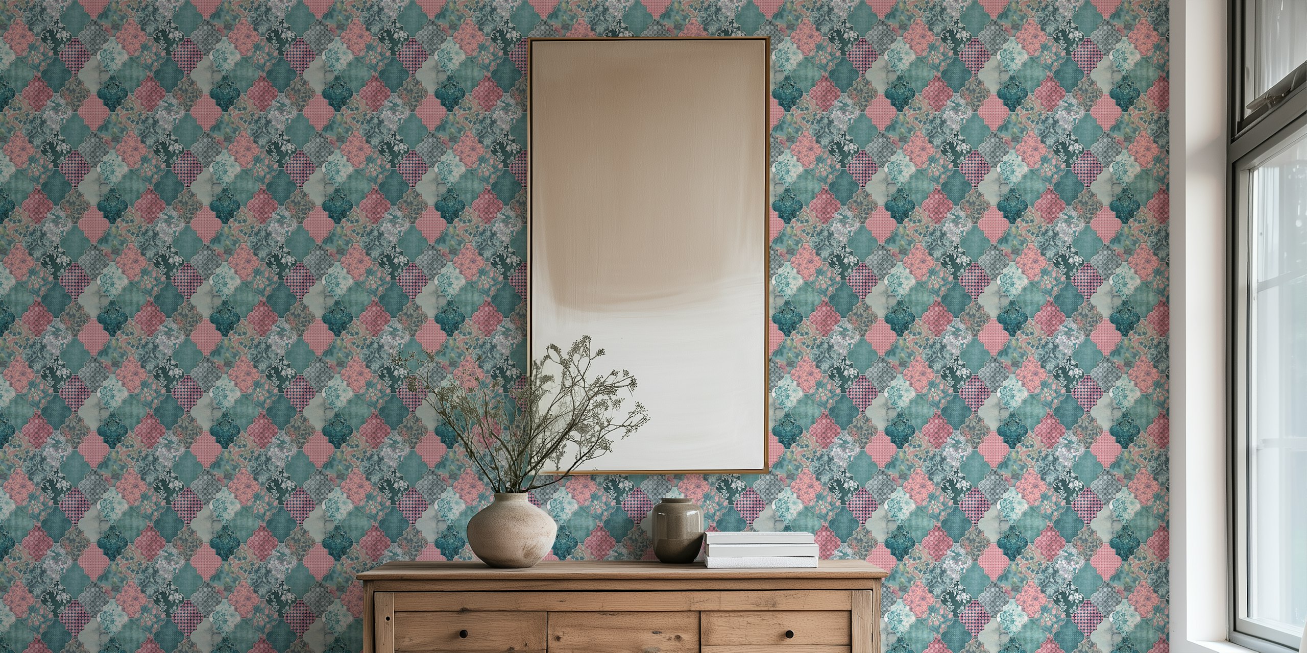 Azulejos marroquíes Teal Pink Pequeño mural de pared con diseños intrincados y una mezcla de colores verde azulado, rosa y gris
