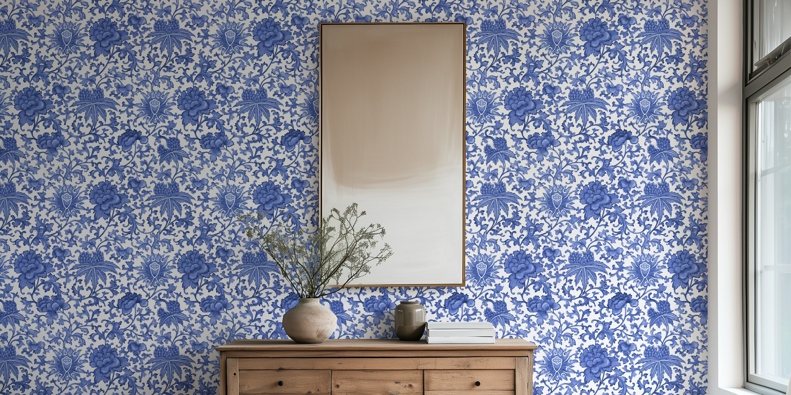 Vintage Blue Chinoiserie Floral Wallpaper