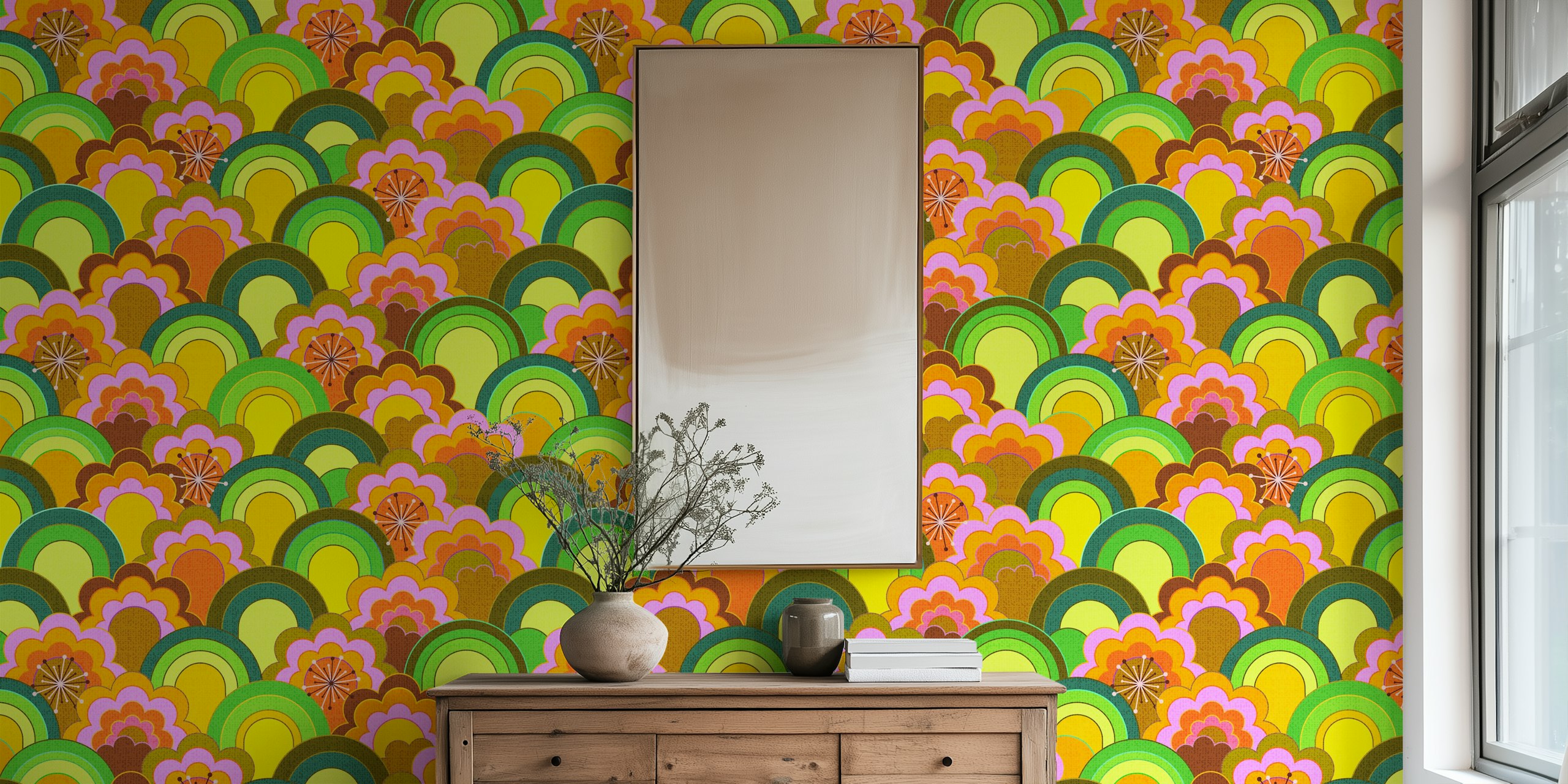 Colorful 70s-inspired rainbow flowers wall mural with a textured appearance