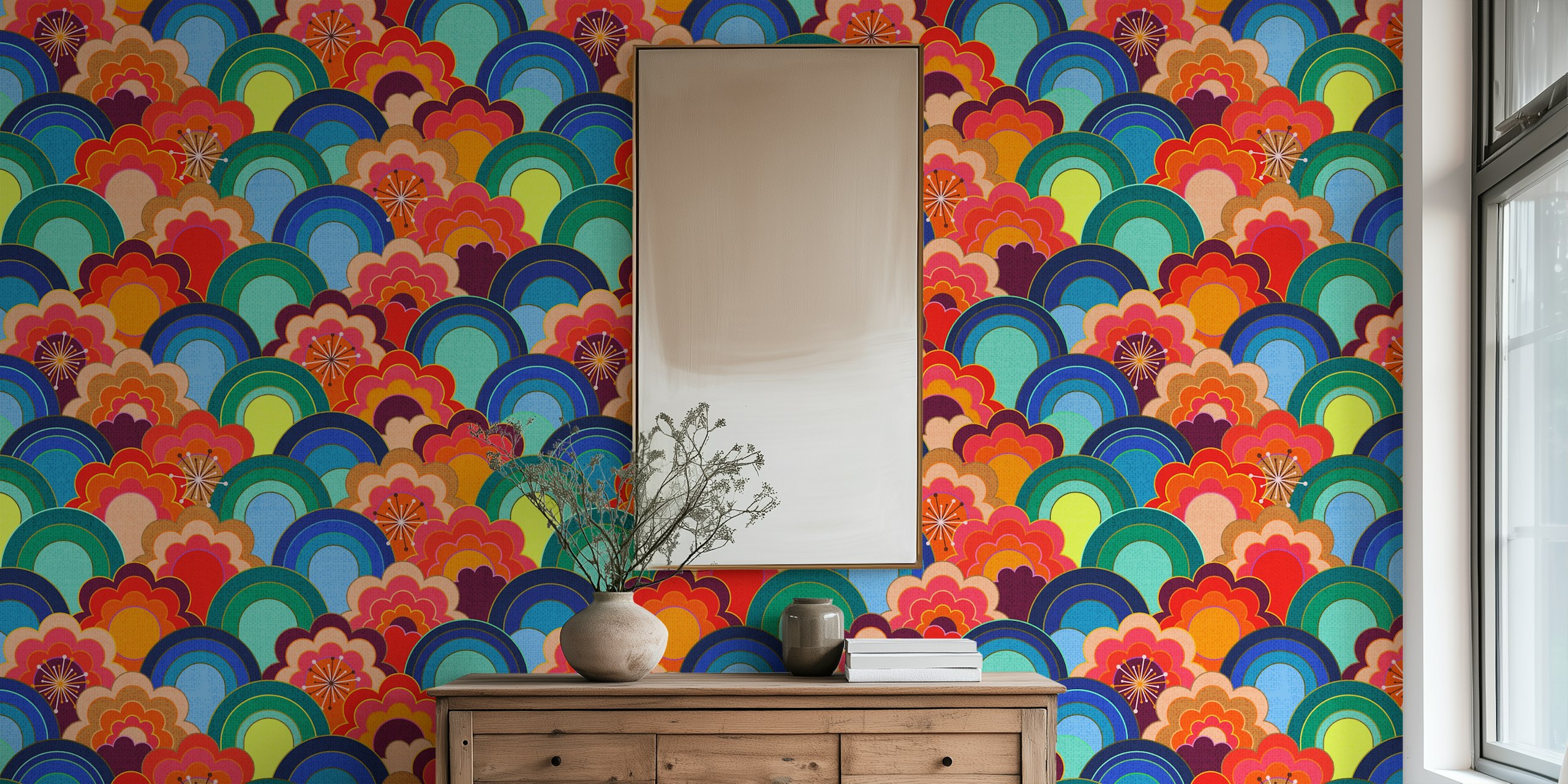 Colorful 70s flower wallpaper in a room setting