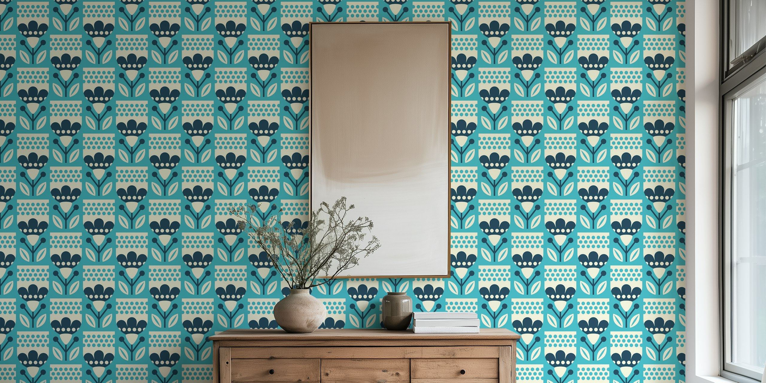 Scandinavian folk flower pattern in blue and white