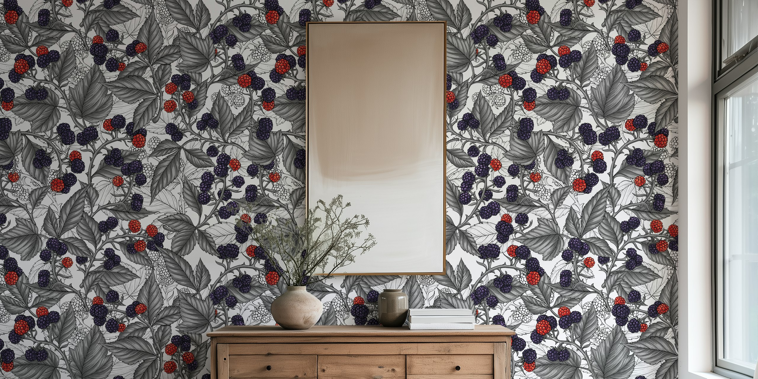 Blackberry branches wall mural with ripe fruit on a white background