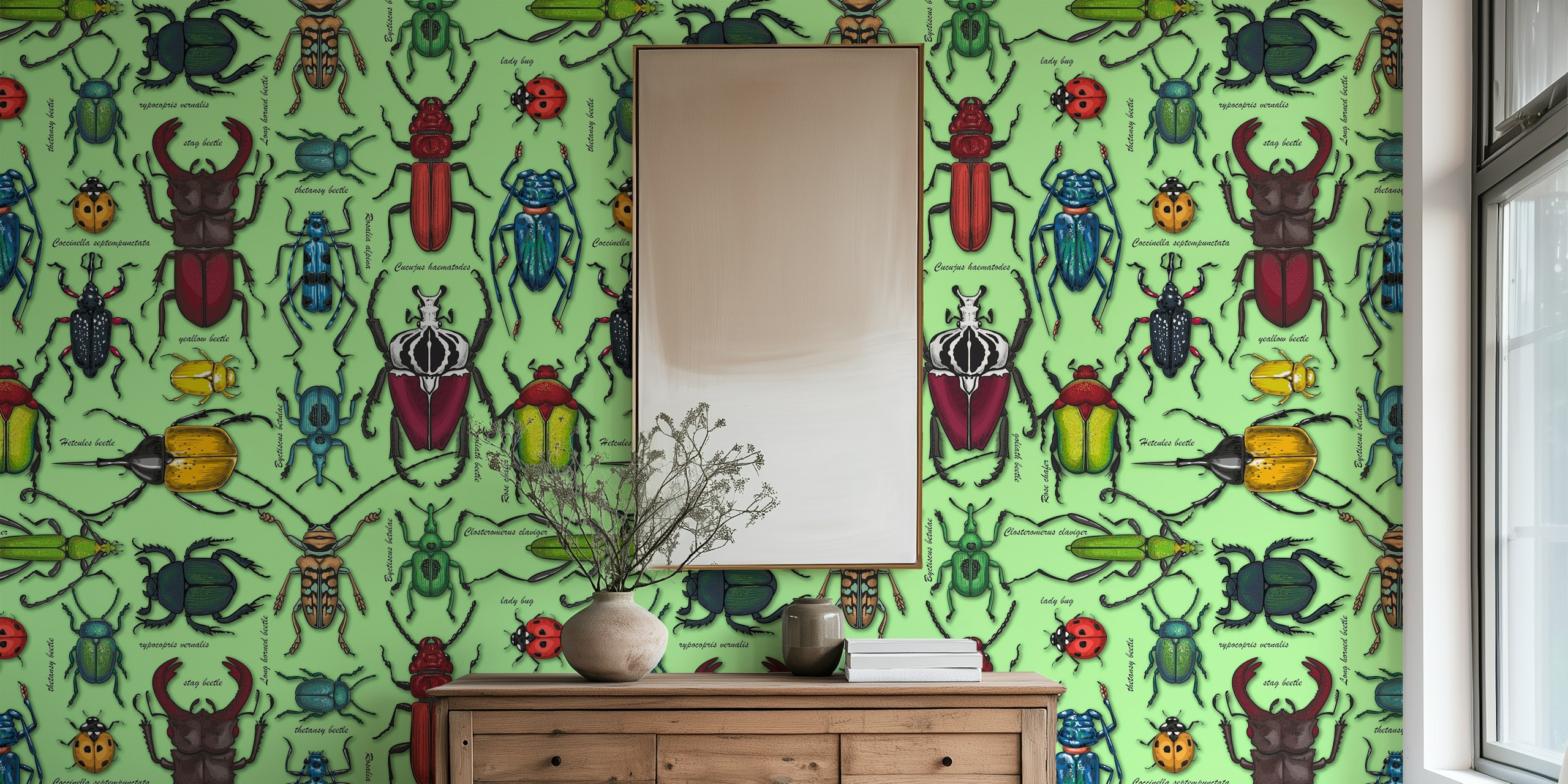 Beetles on light green wallpaper in a room