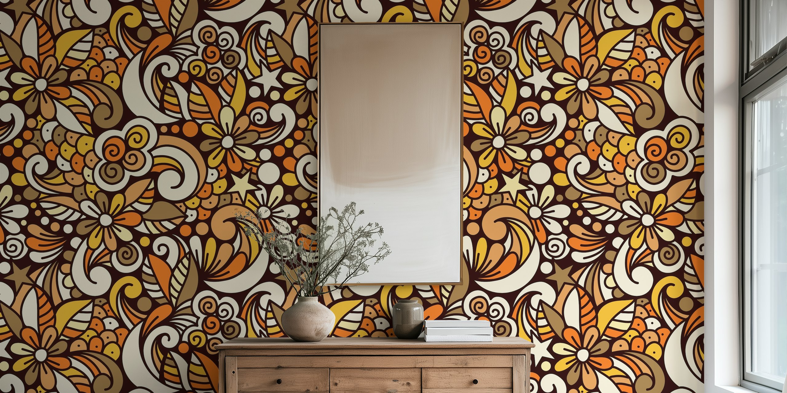 Retro floral pattern in yellow and brown colors wallpaper