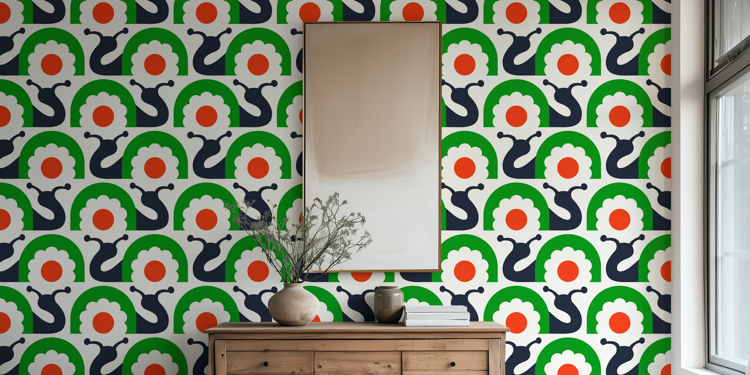 Retro snails with flowers wallpaper in a room