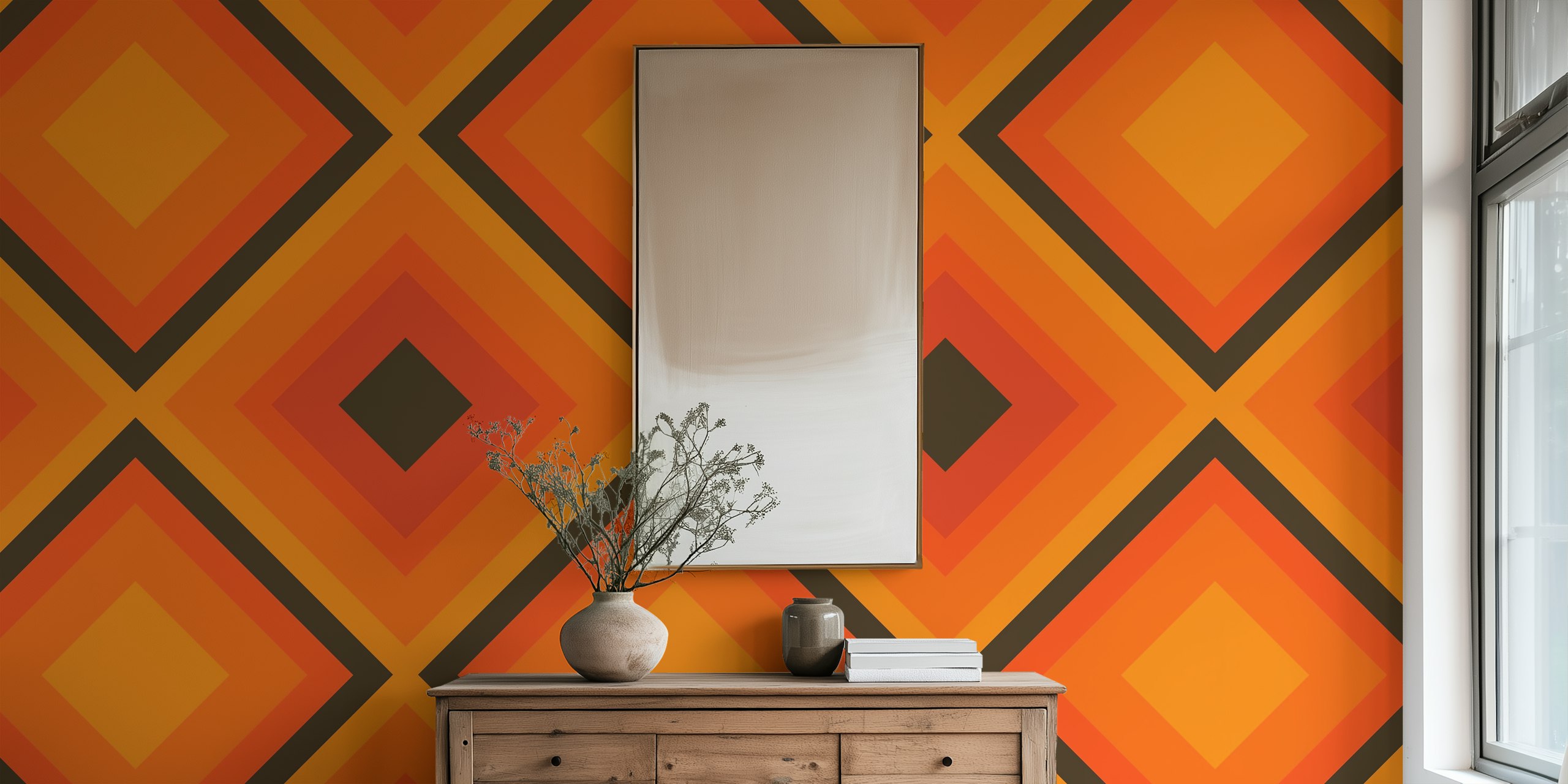 Abstract diamond geometrical wallpaper in een kamer