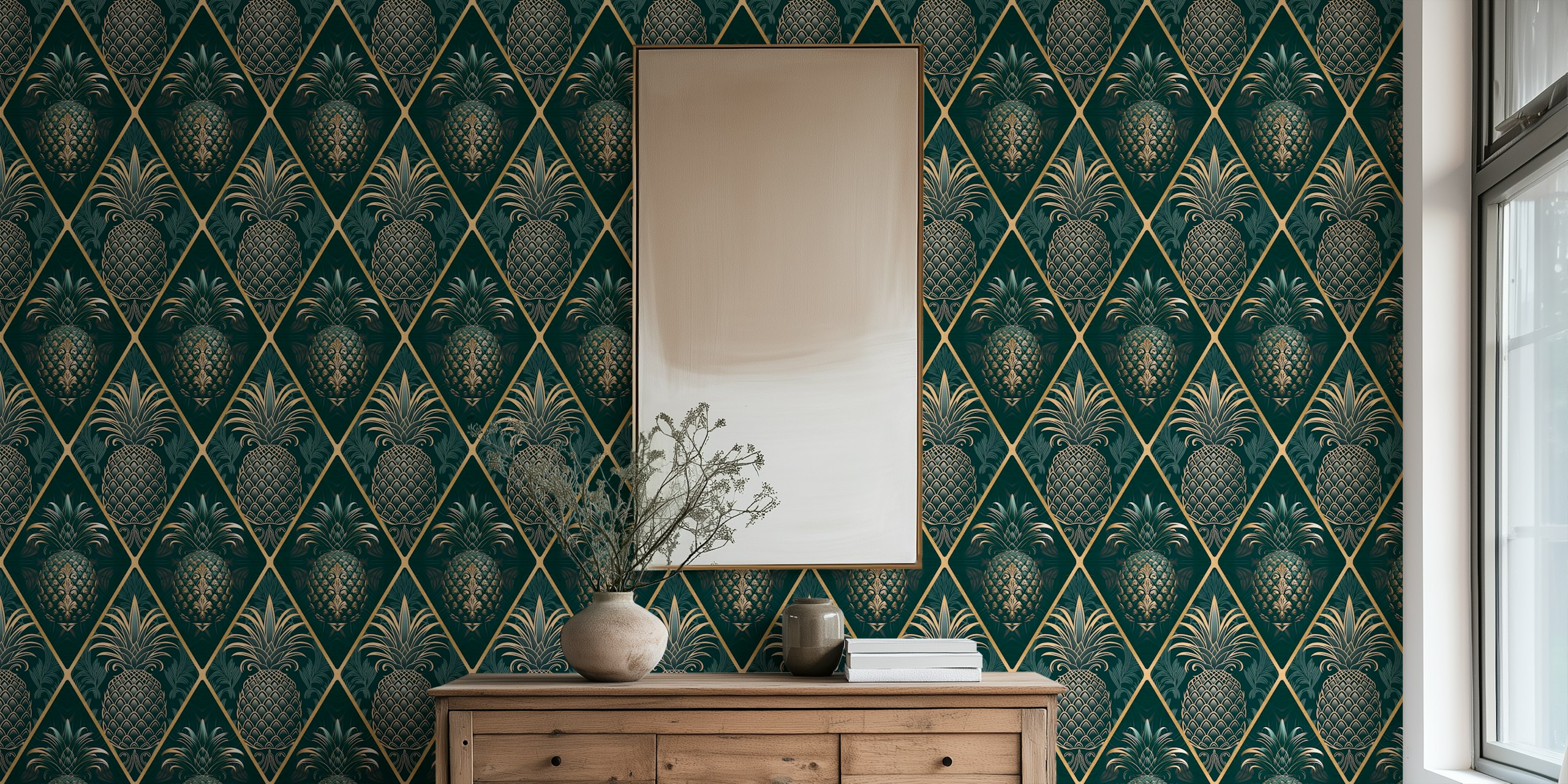 Teal och gold pineapple i ett rum